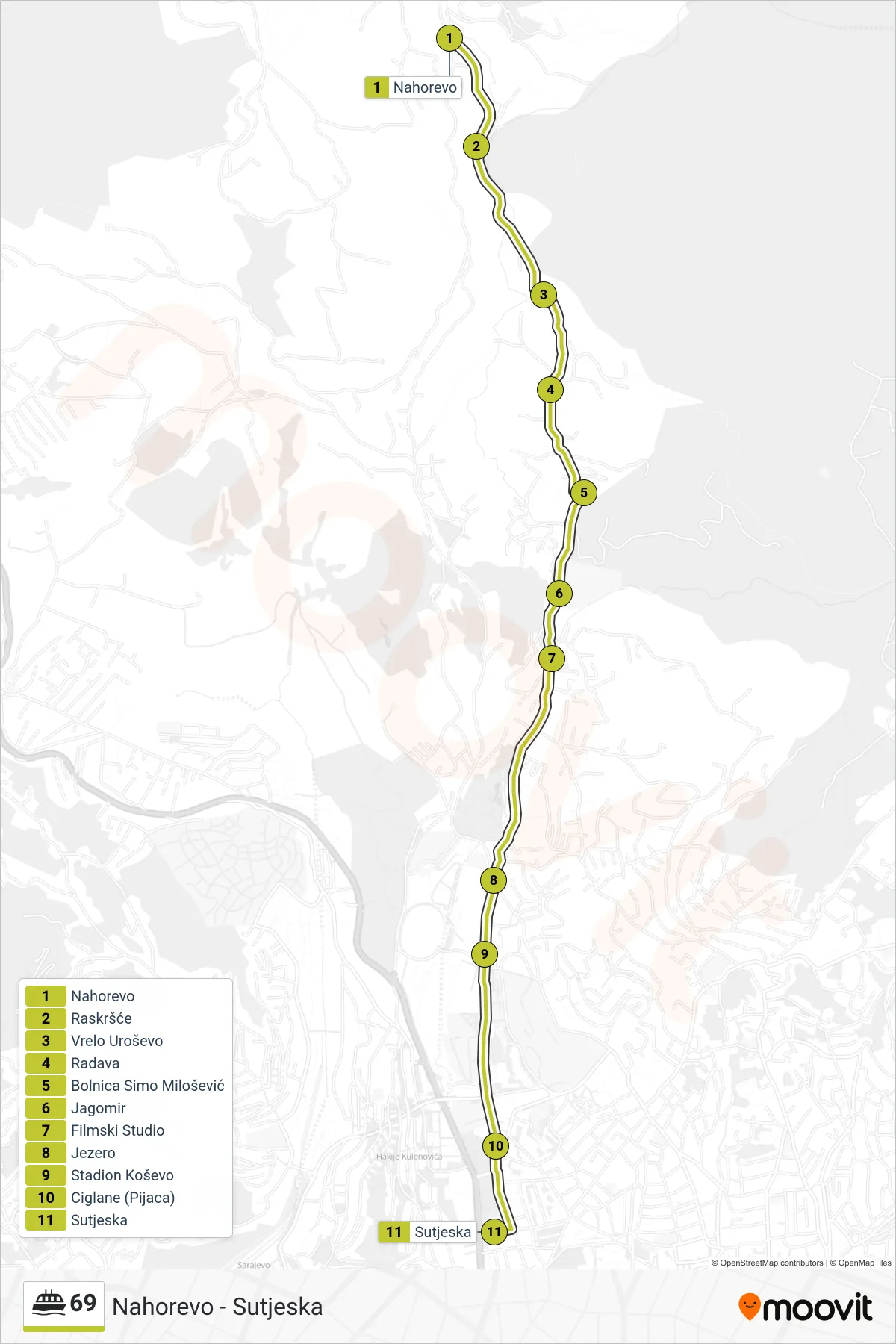 69 ferry Line (Nahorevo - Sutjeska) route and stops on a map