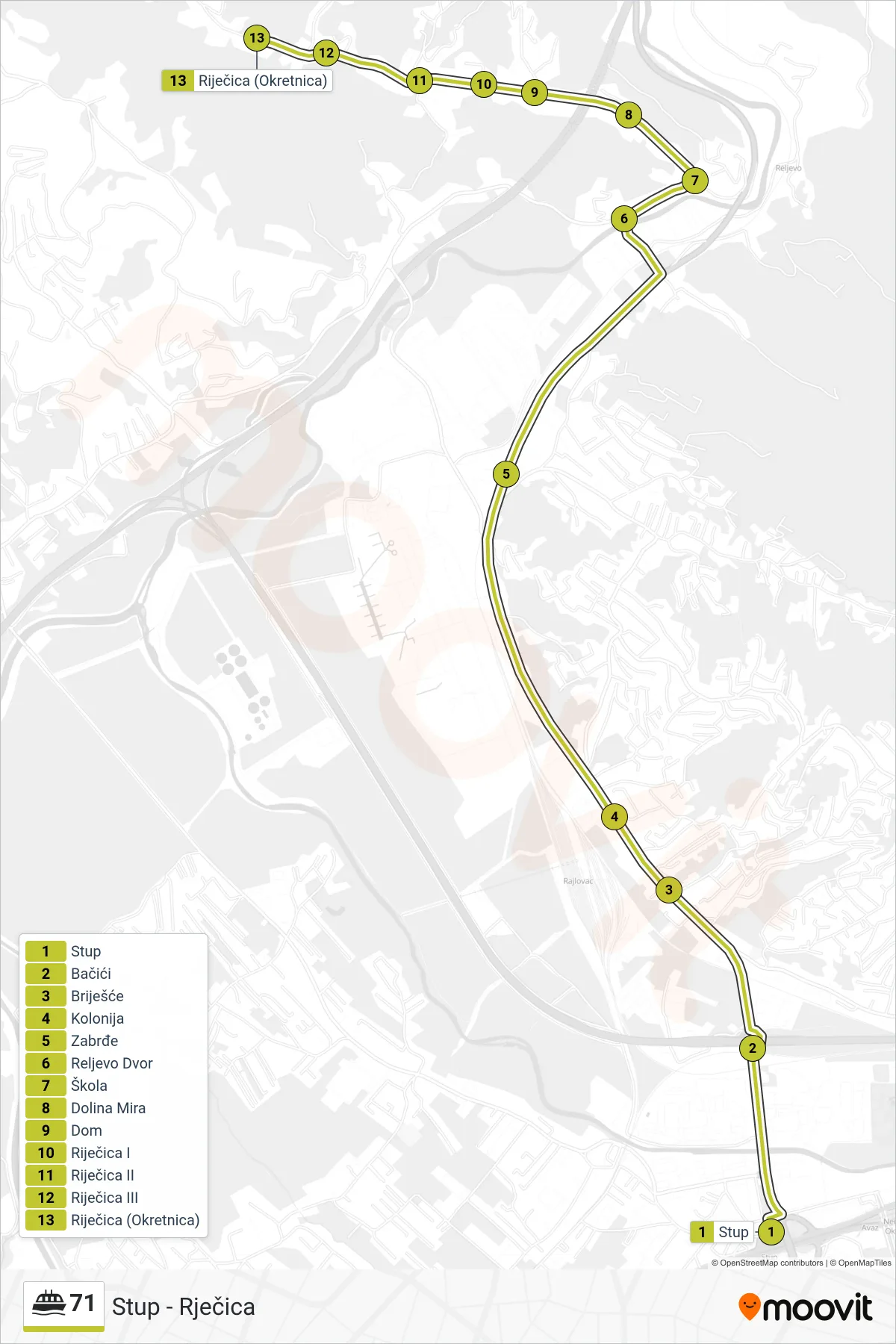 71 minibus Line (Stup - Rječica) route and stops on a map