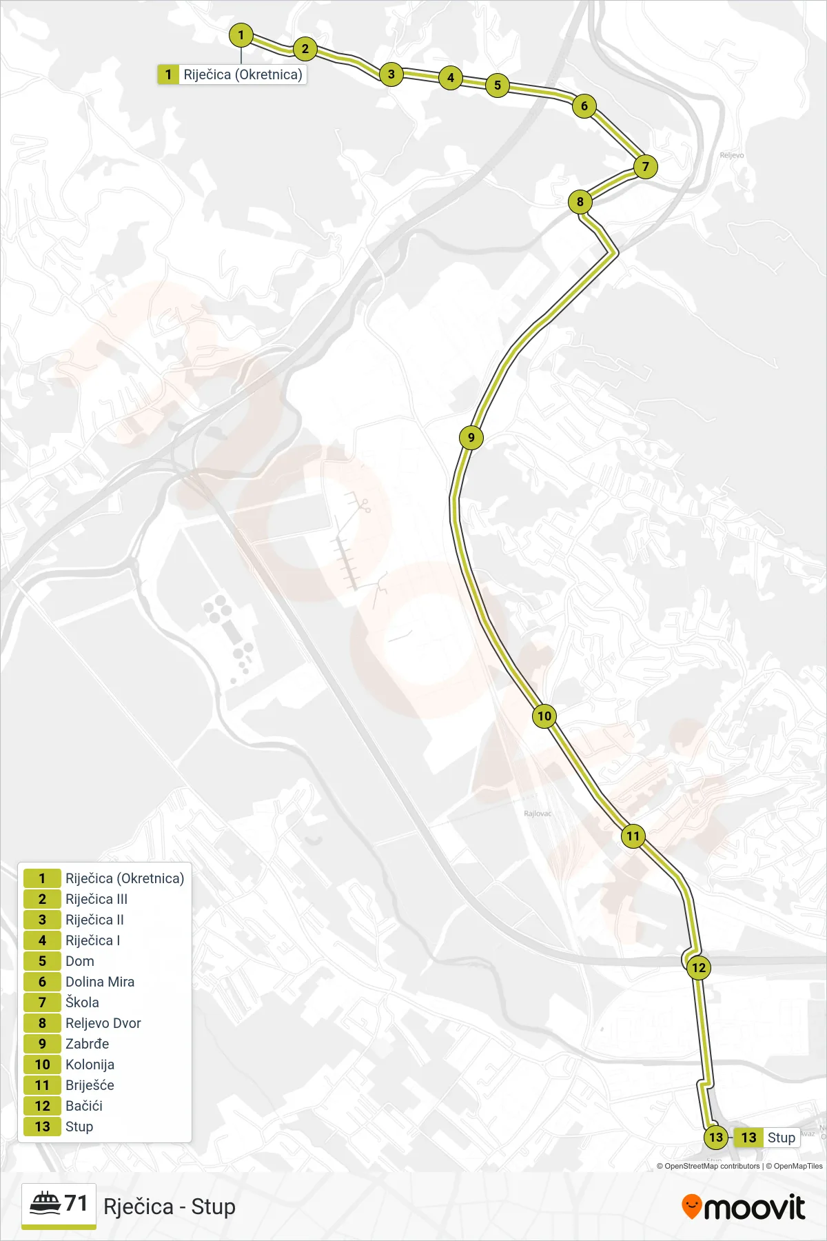 71 ferry Line (Rječica - Stup) route and stops on a map
