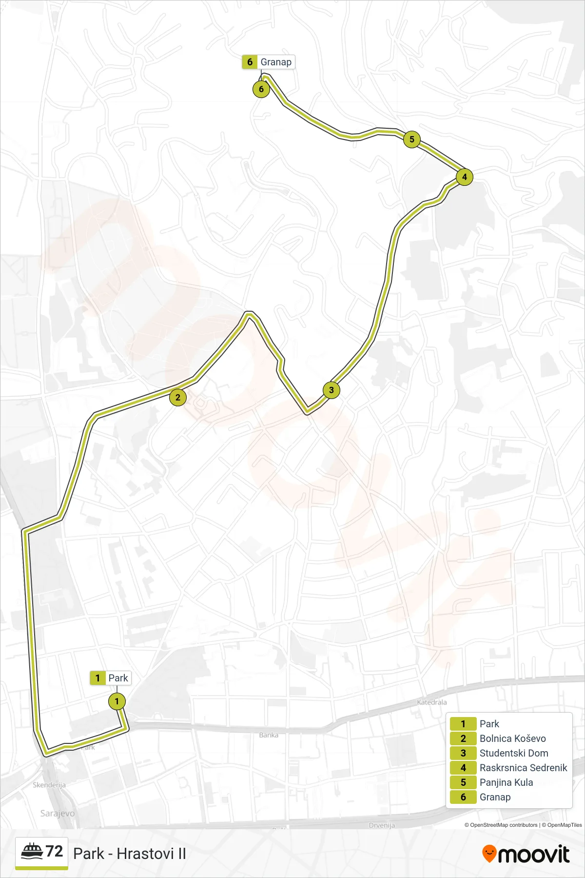 72 minibus Line (Park - Hrastovi II) route and stops on a map