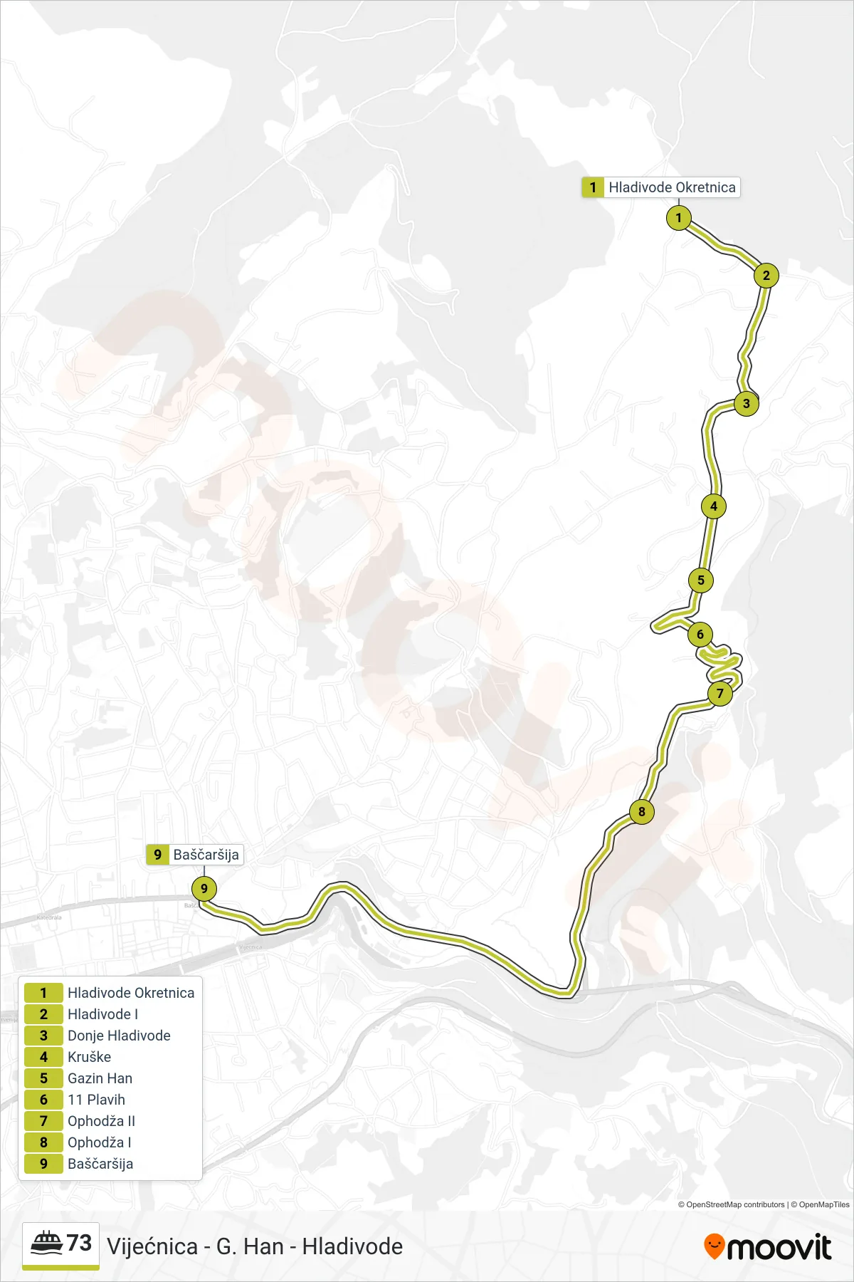 73 ferry Line (Hladivove - G. Han - Vijećnica) route and stops on a map
