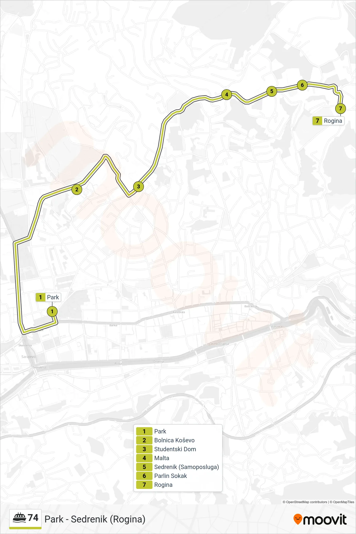 74 ferry Line (Park - Sedrenik (Rogina)) route and stops on a map