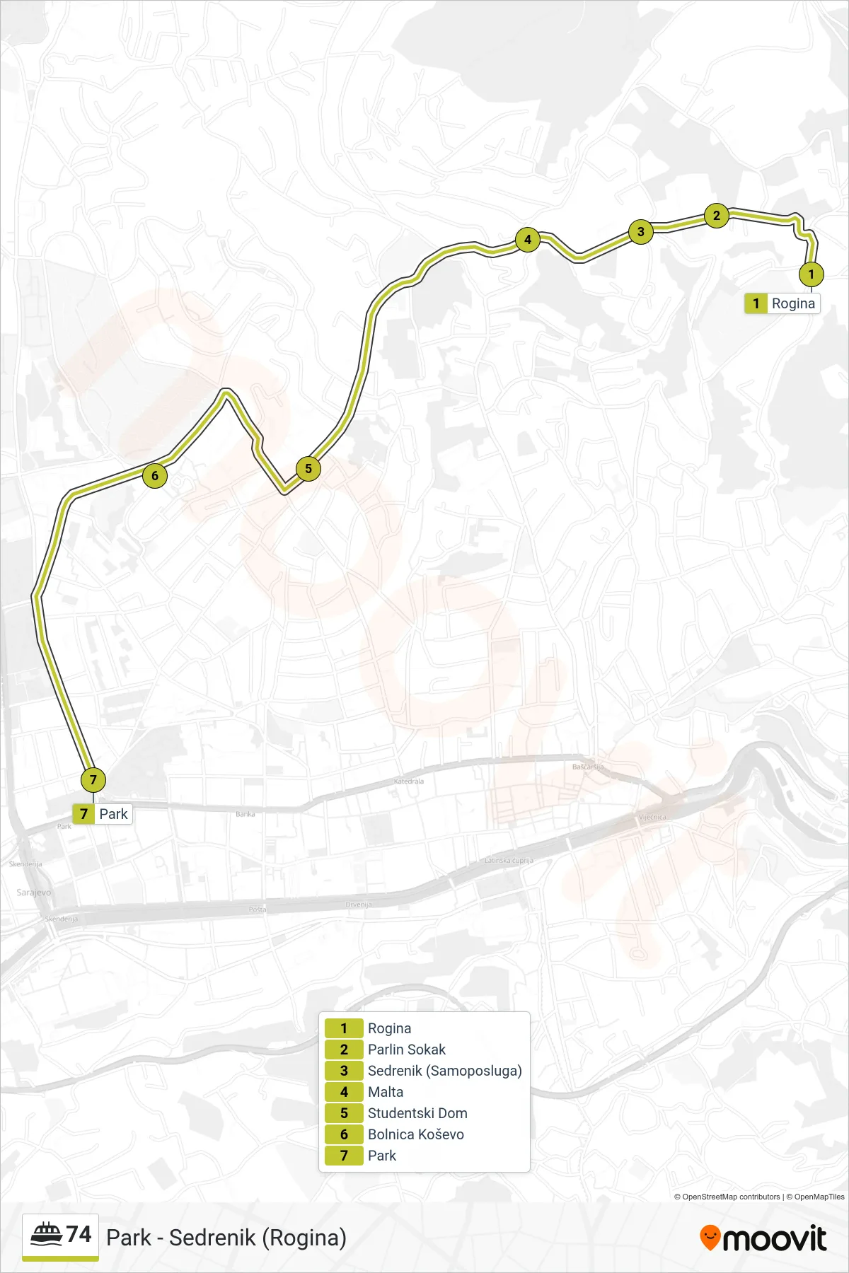 74 ferry Line (Sedrenik (Rogina) - Park) route and stops on a map