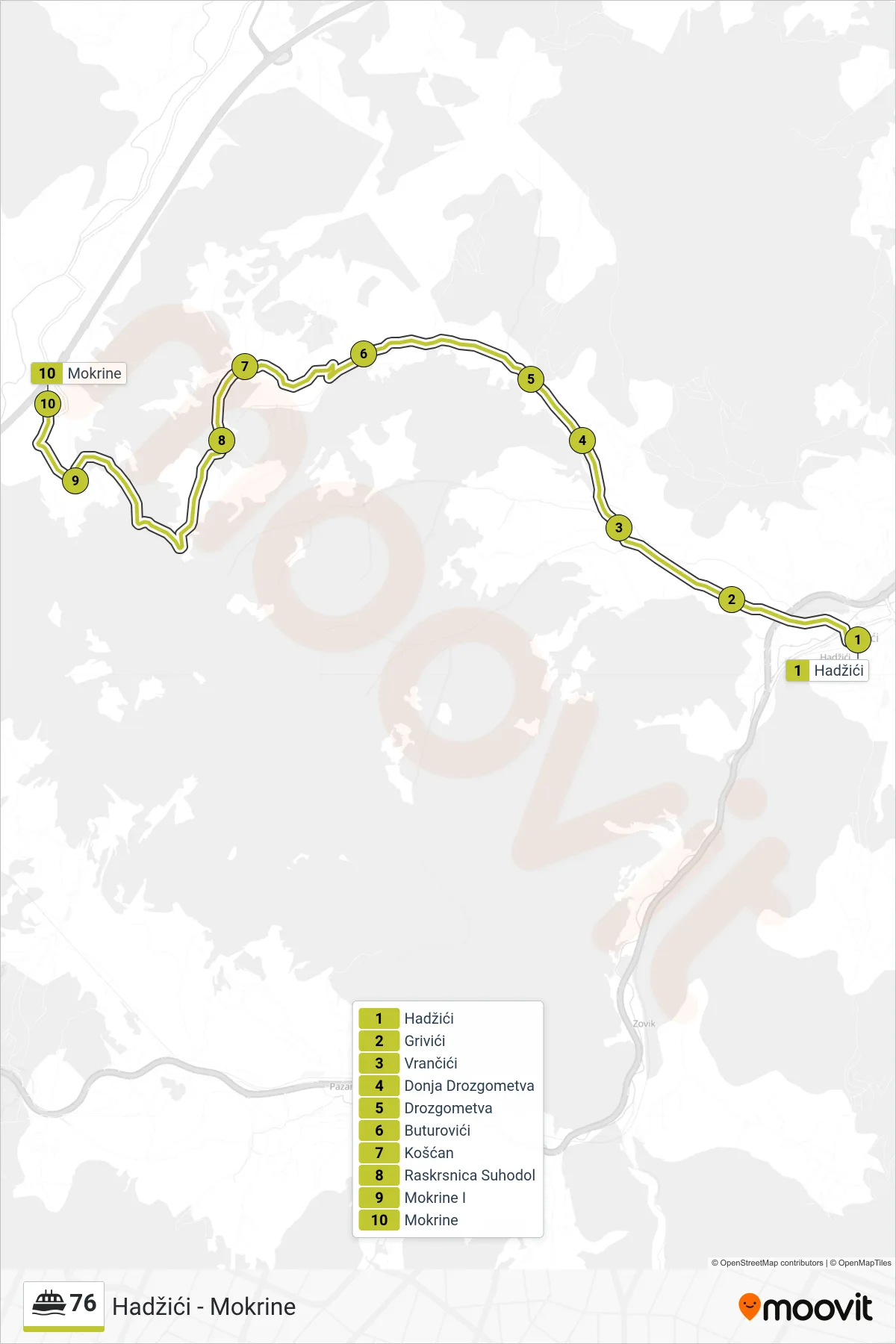 76 ferry Line (Hadžići - Mokrine) route and stops on a map