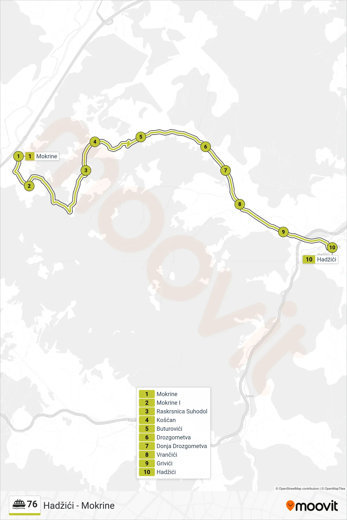 76 ferry Line (Mokrine - Hadžići) route and stops on a map