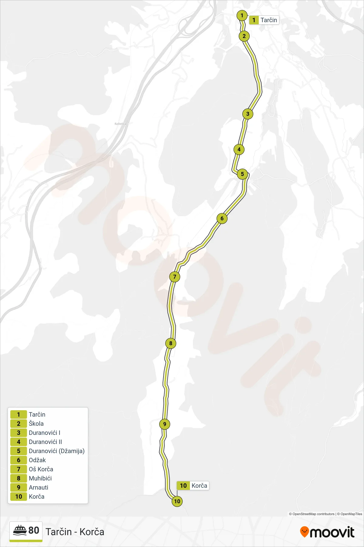 Linija 80 trajekt, (Tarčin - Korča) – trasa i stajališta na mapi