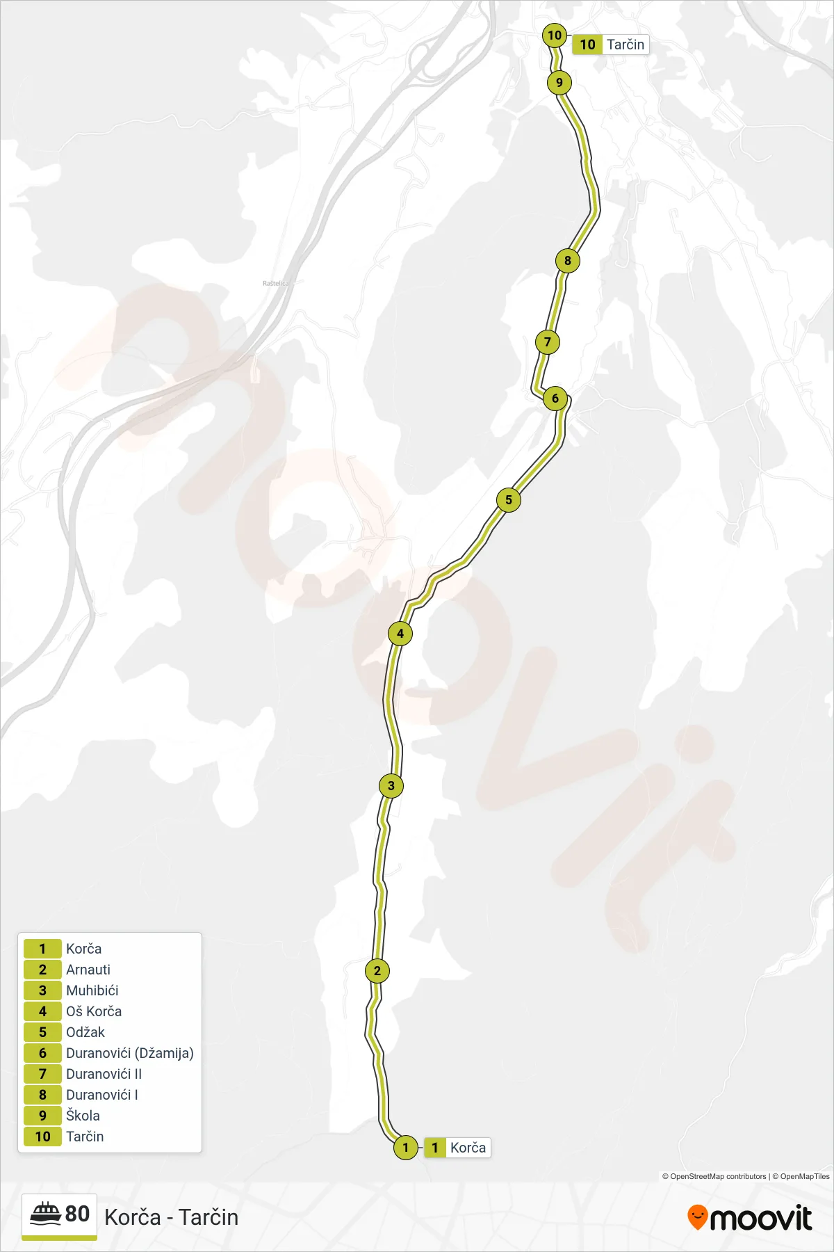 80 ferry Line (Korča - Tarčin) route and stops on a map