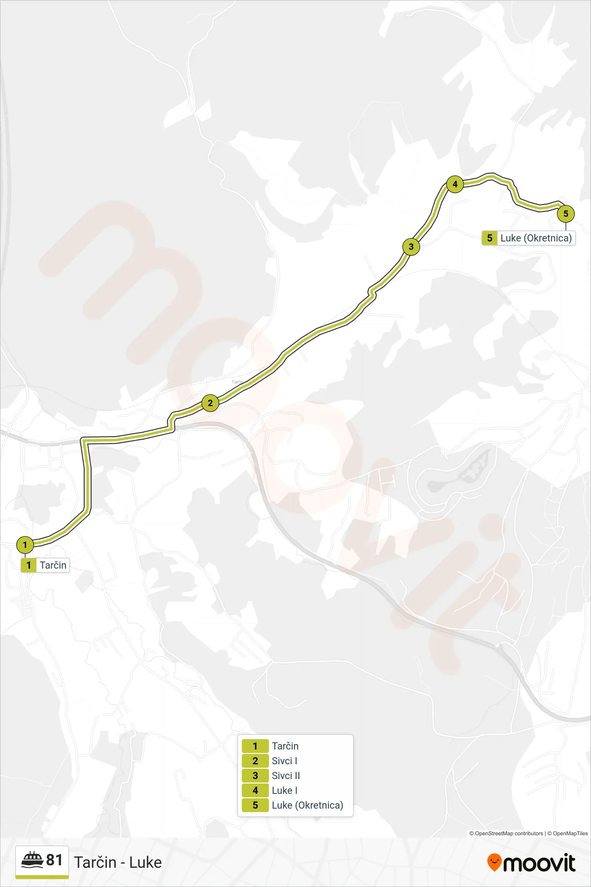 81 minibus Line (Tarčin - Luke) route and stops on a map