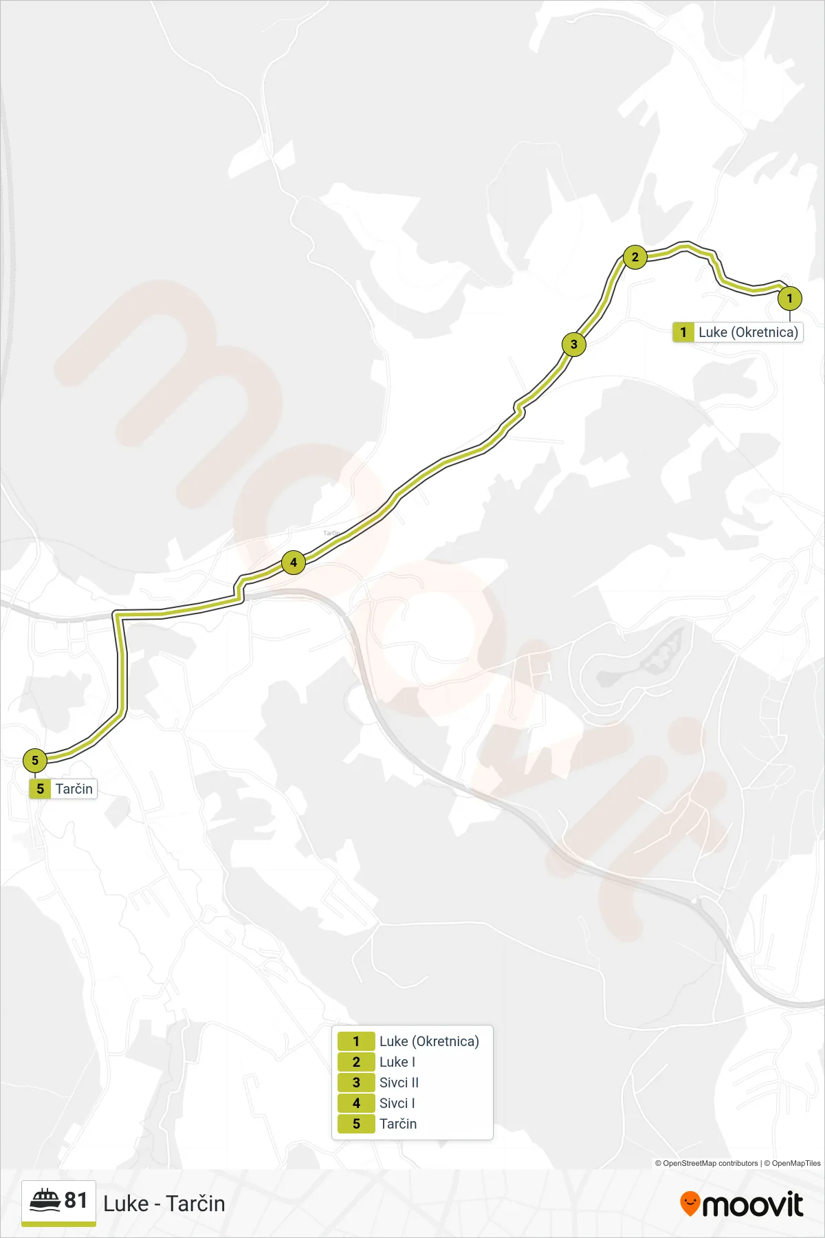 81 ferry Line (Luke - Tarčin) route and stops on a map
