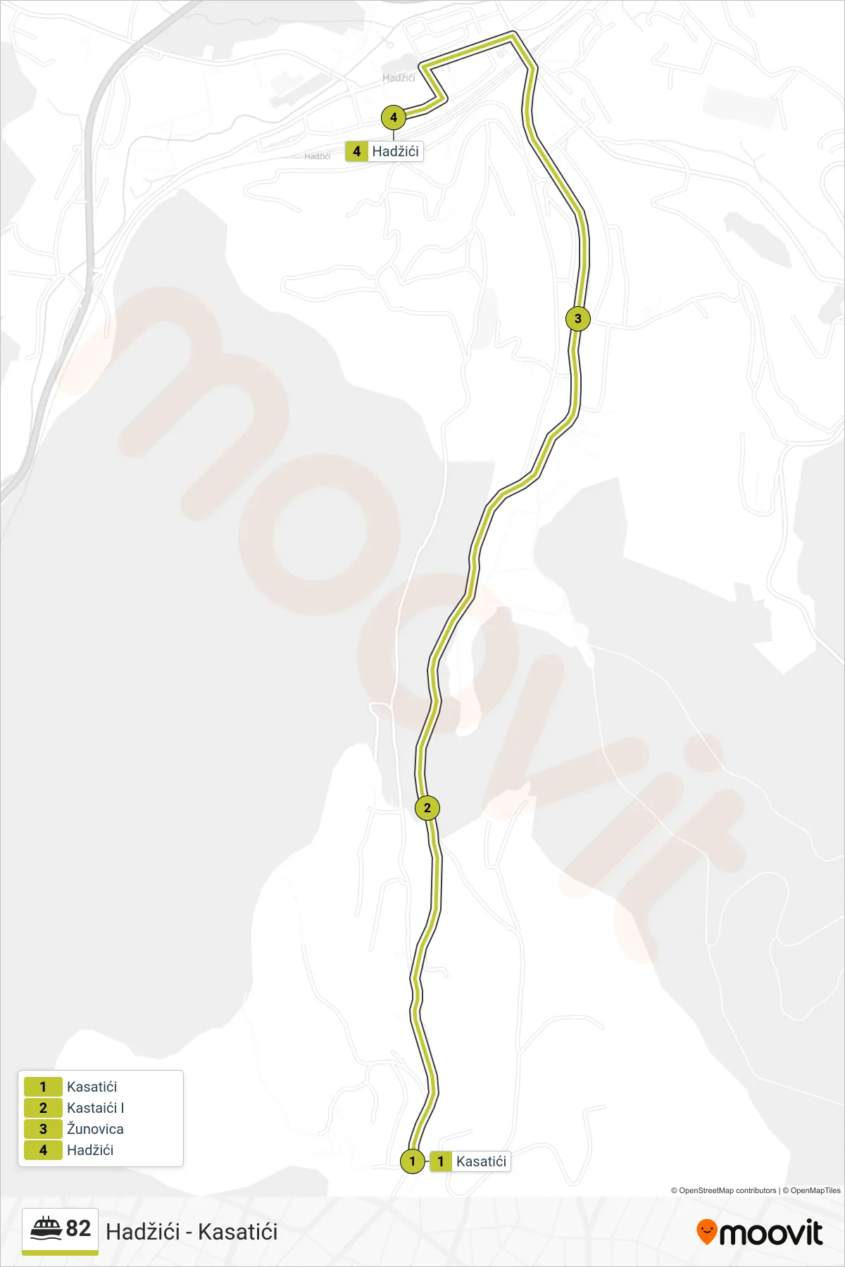 82 ferry Line (Kasatići - Hadžići) route and stops on a map