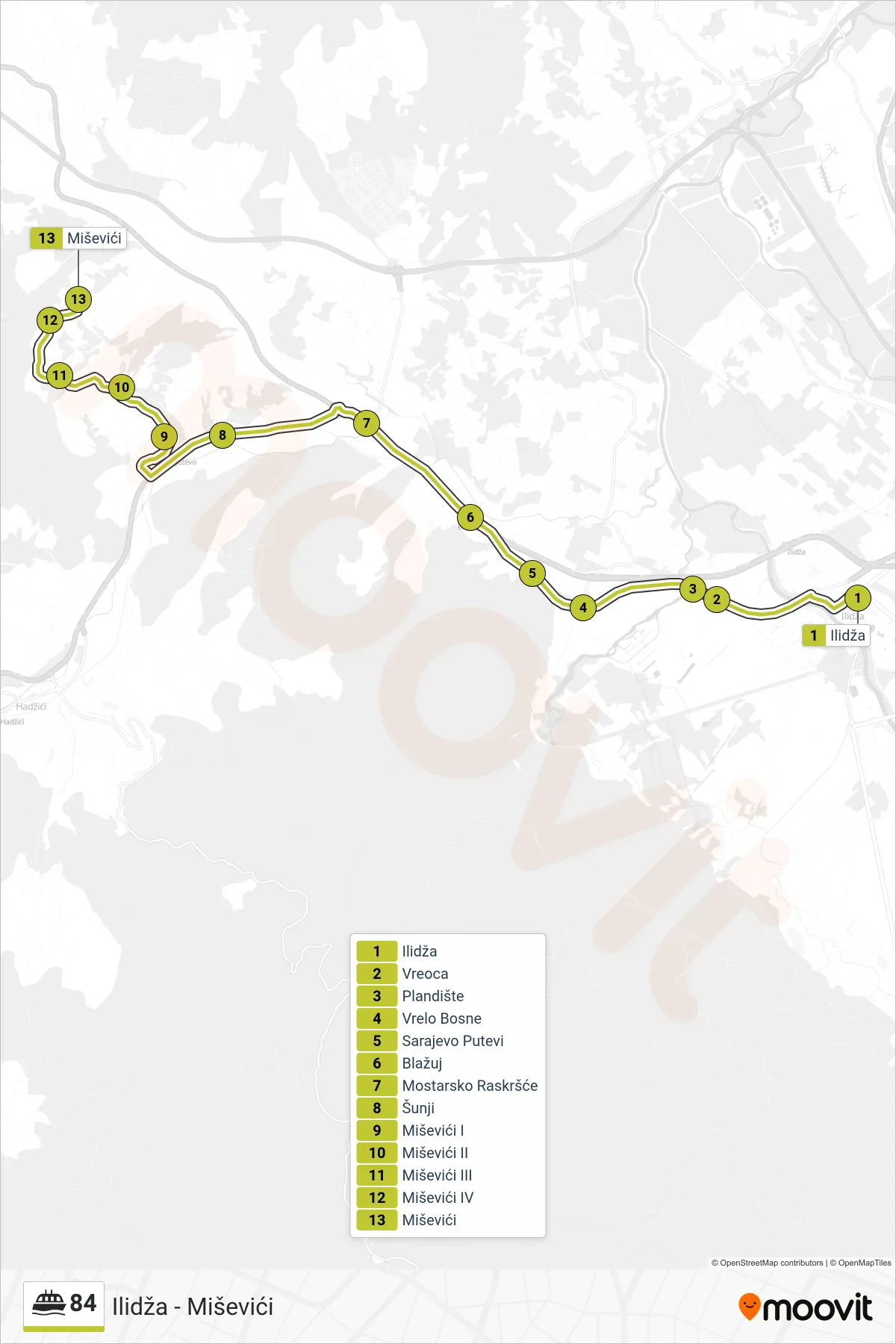 84 minibus Line (Ilidža - Miševići) route and stops on a map