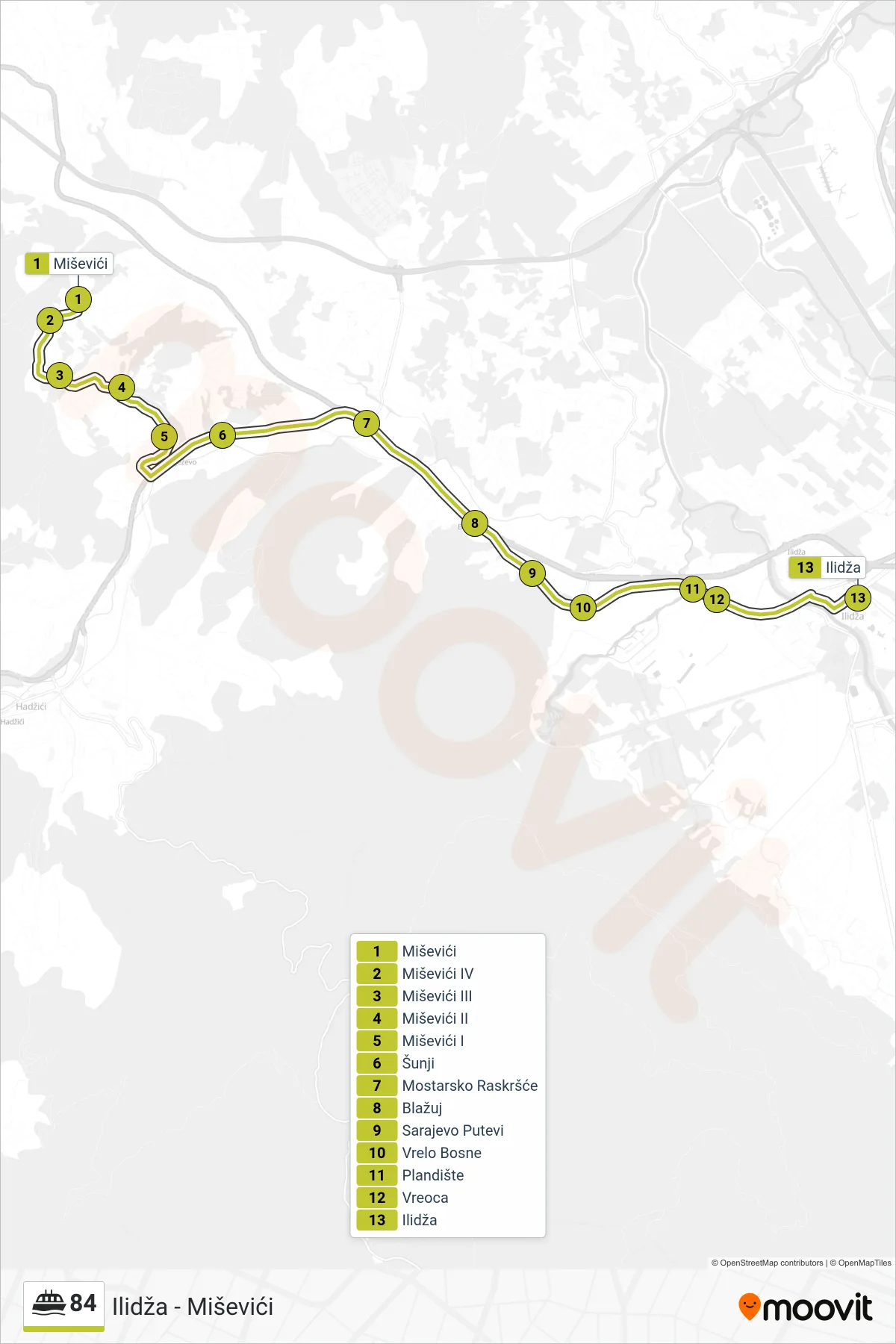 84 ferry Line (Miševići - Ilidža) route and stops on a map