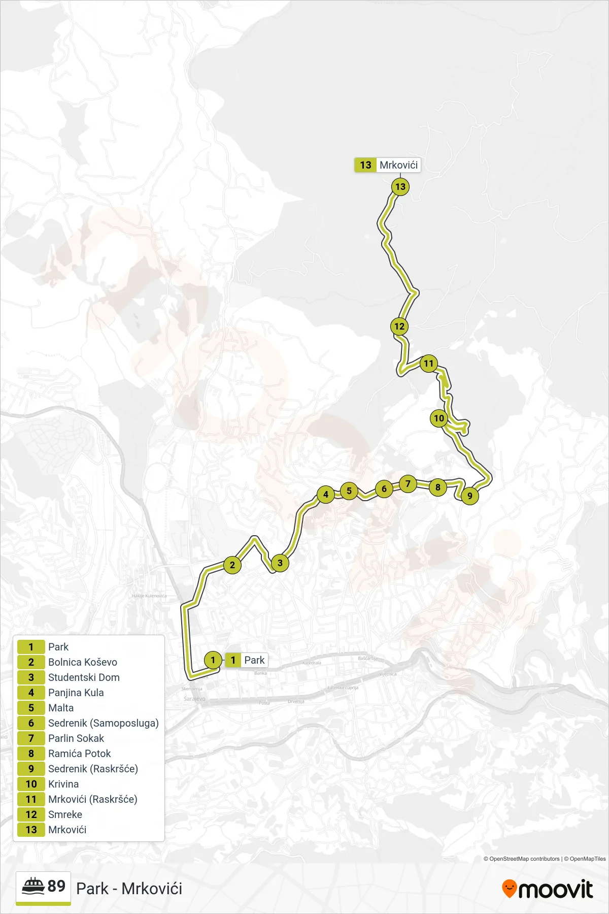 89 ferry Line (Park - Mrkovići) route and stops on a map