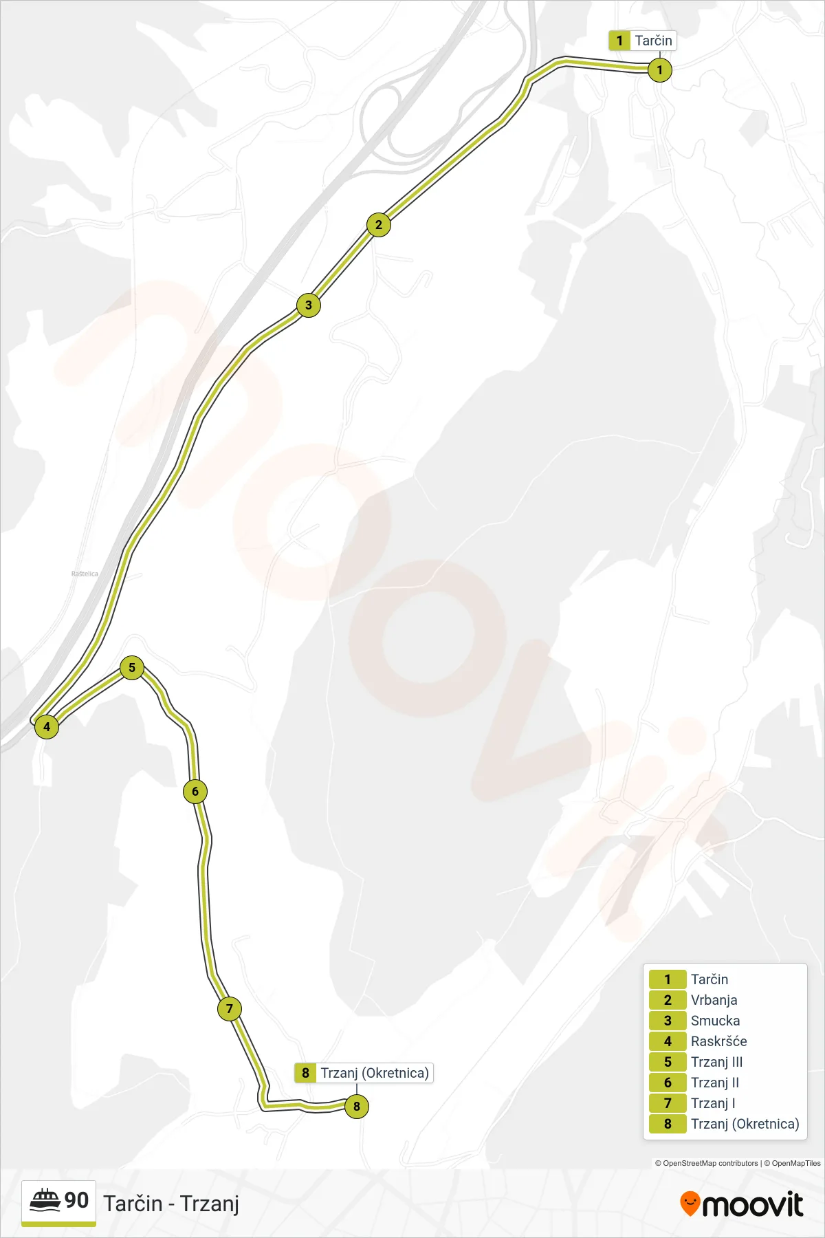 90 ferry Line (Tarčin - Trzanj) route and stops on a map