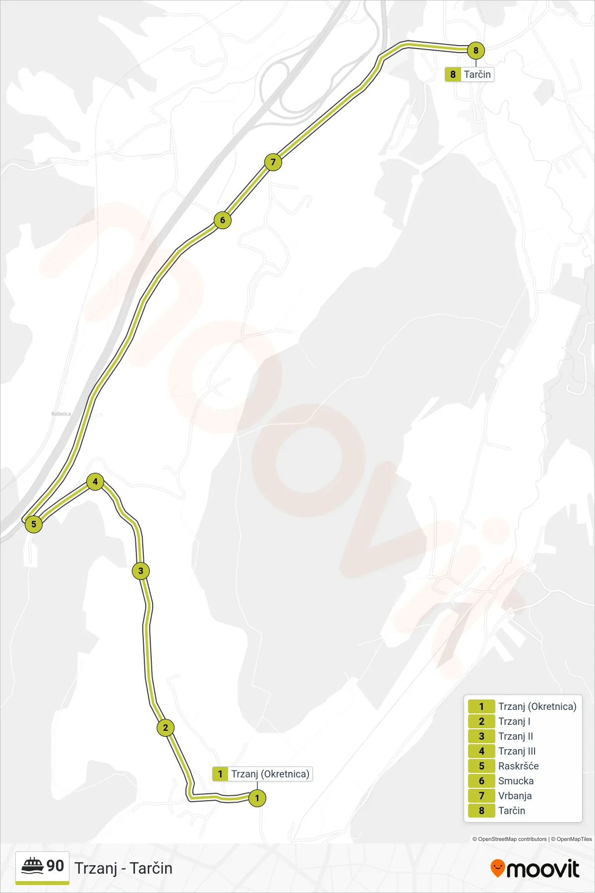 Linija 90 trajekt, (Trzanj - Tarčin) – trasa i stajališta na mapi