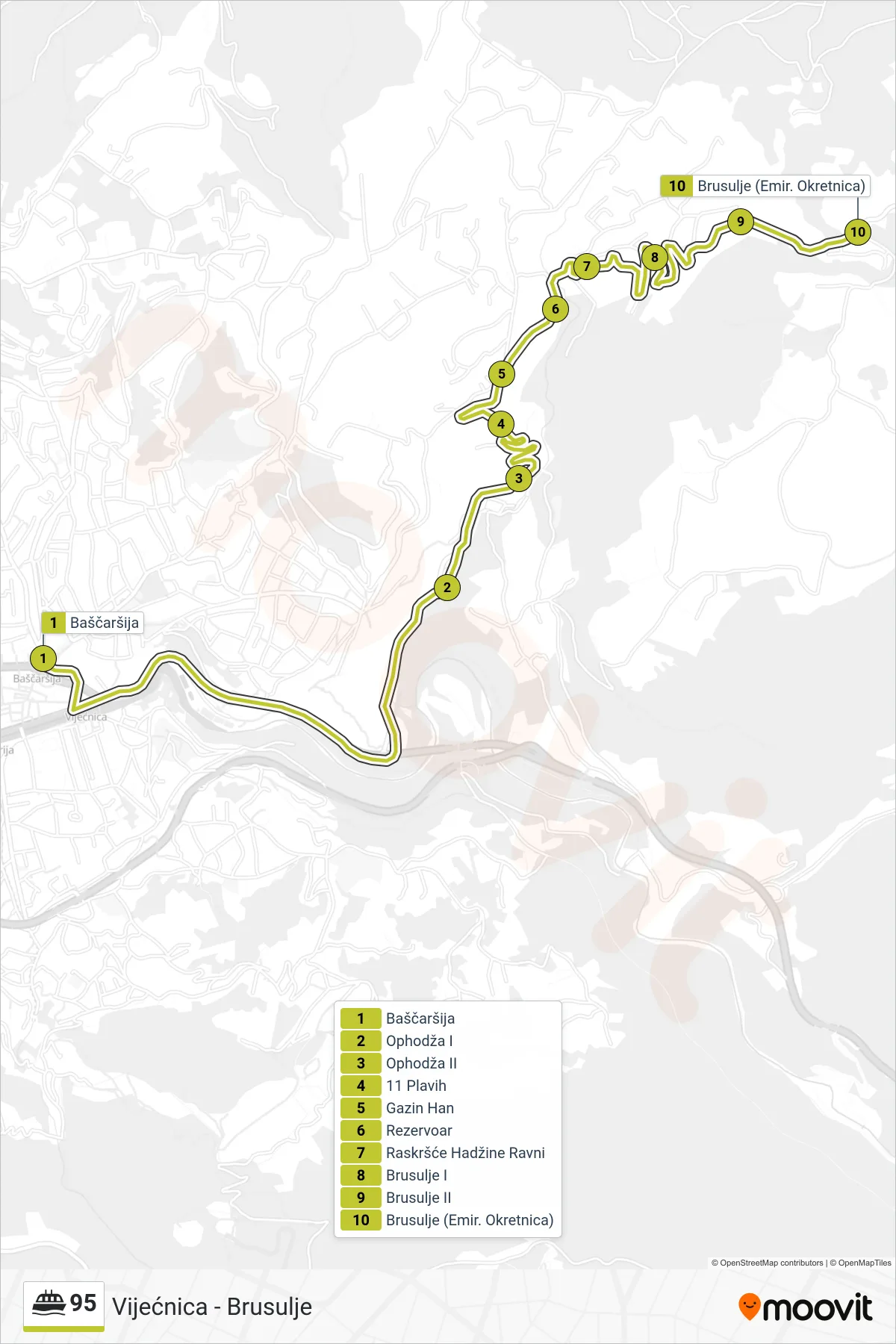 95 minibus Line (Vijećnica - Brusulje) route and stops on a map