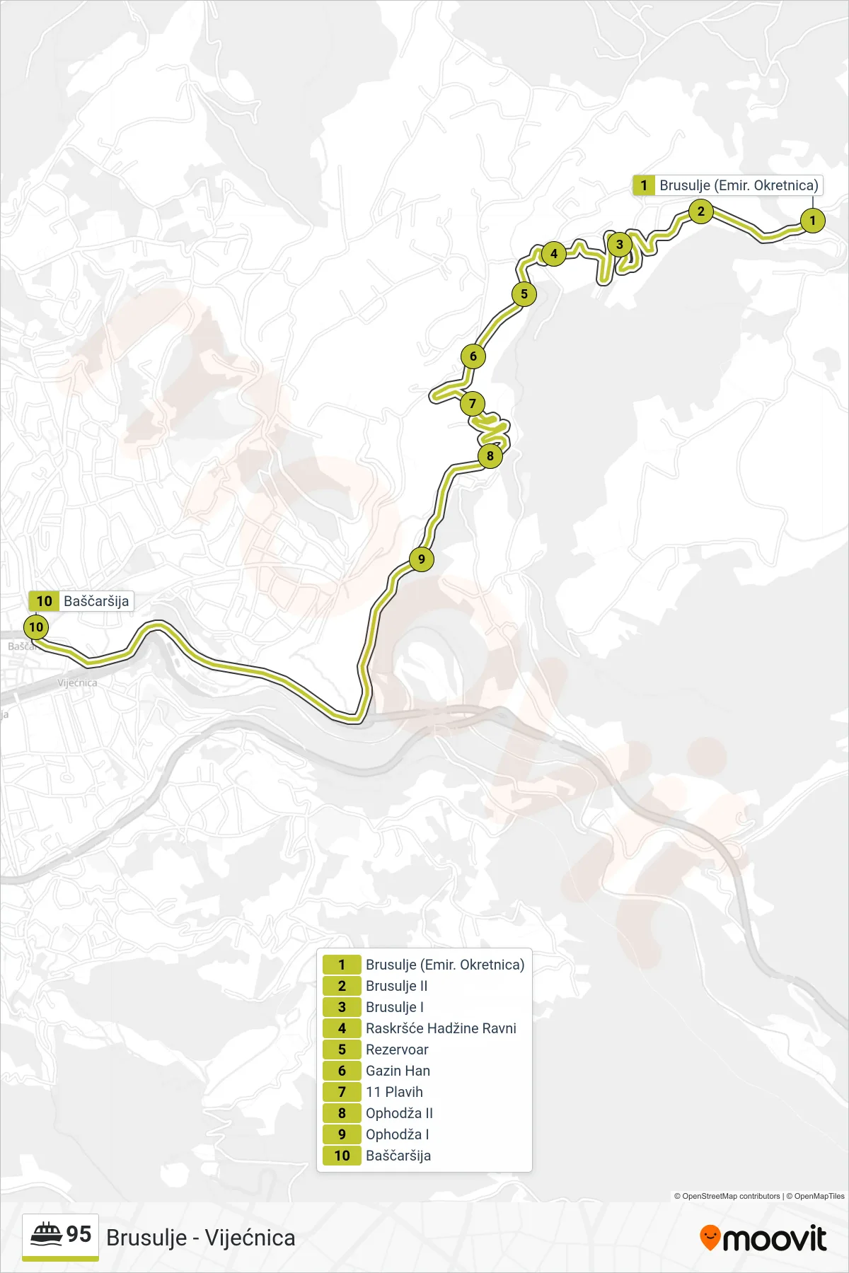 95 ferry Line (Brusulje - Vijećnica) route and stops on a map