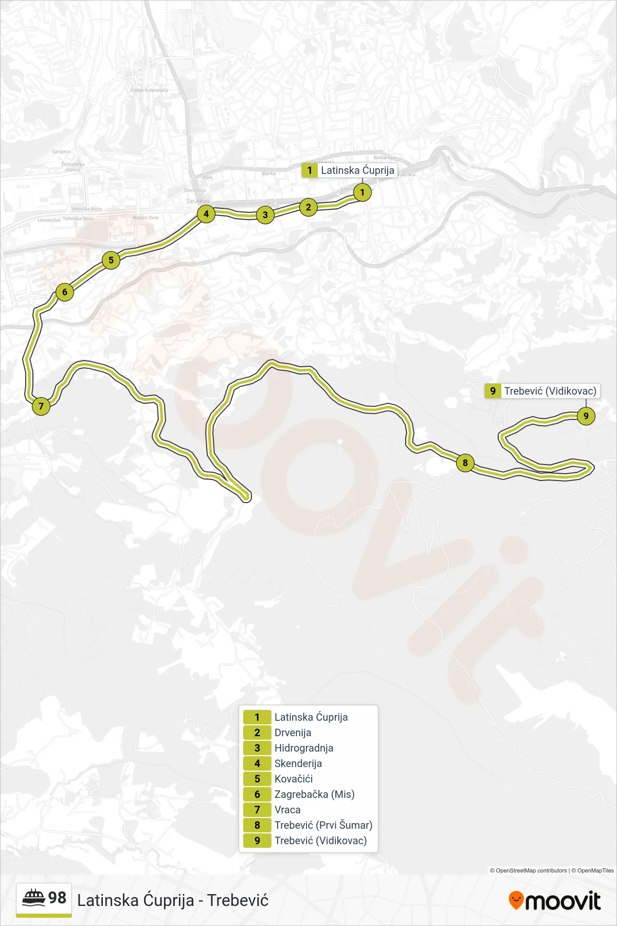 98 ferry Line (Latinska Ćuprija - Trebević) route and stops on a map