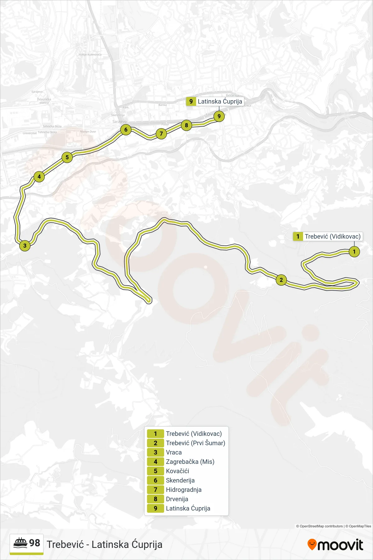 98 ferry Line (Trebević - Latinska Ćuprija) route and stops on a map