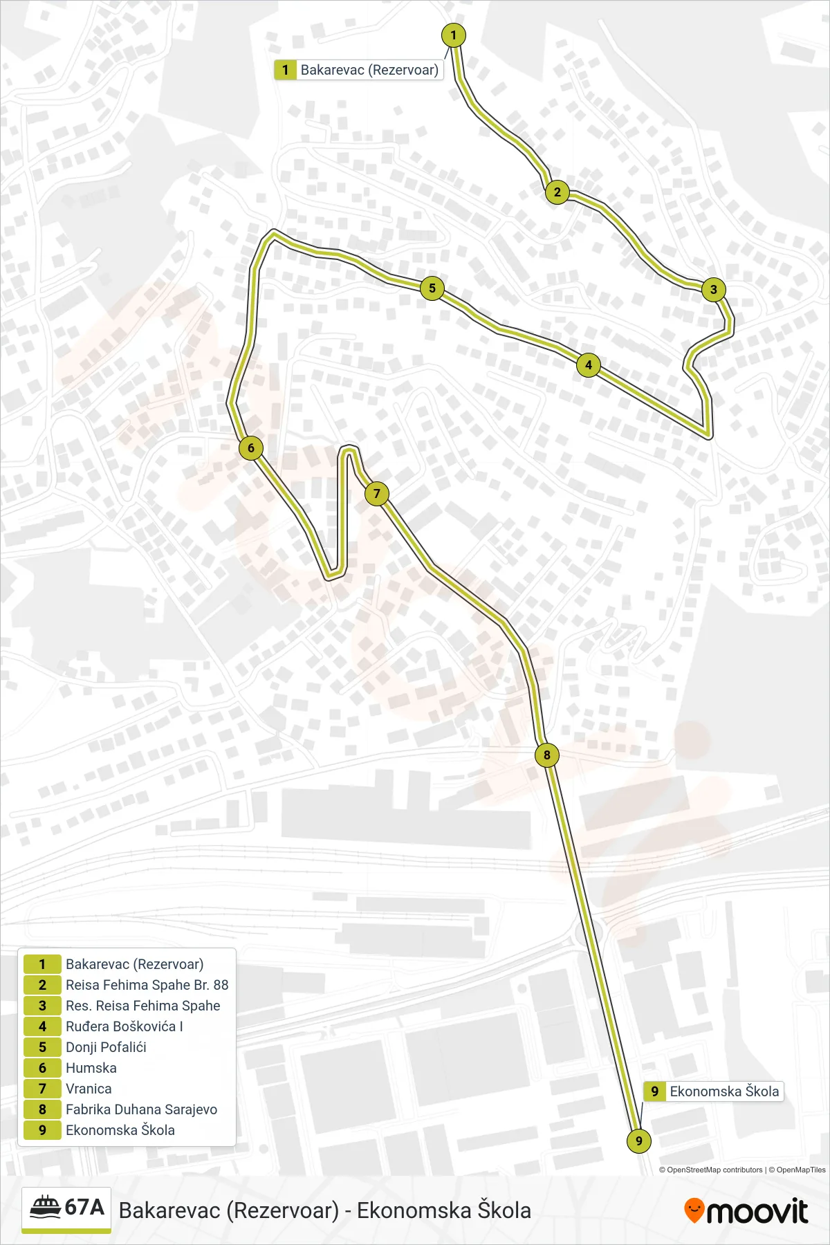 67A minibus Line (Bakarevac (Rezervoar) - Ekonomska Škola) route and stops on a map
