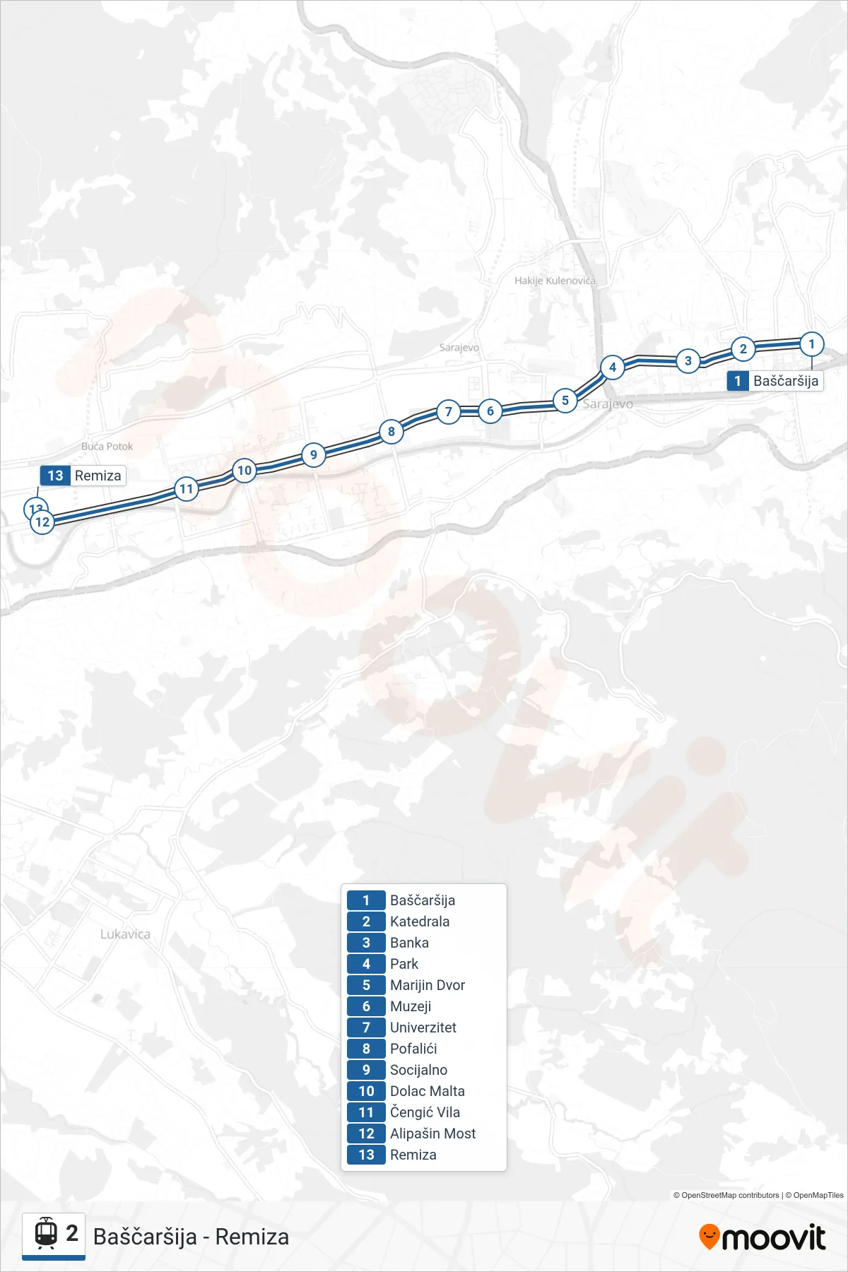 Linija 2 tramvaj, (Baščaršija - Remiza) – trasa i stajališta na mapi
