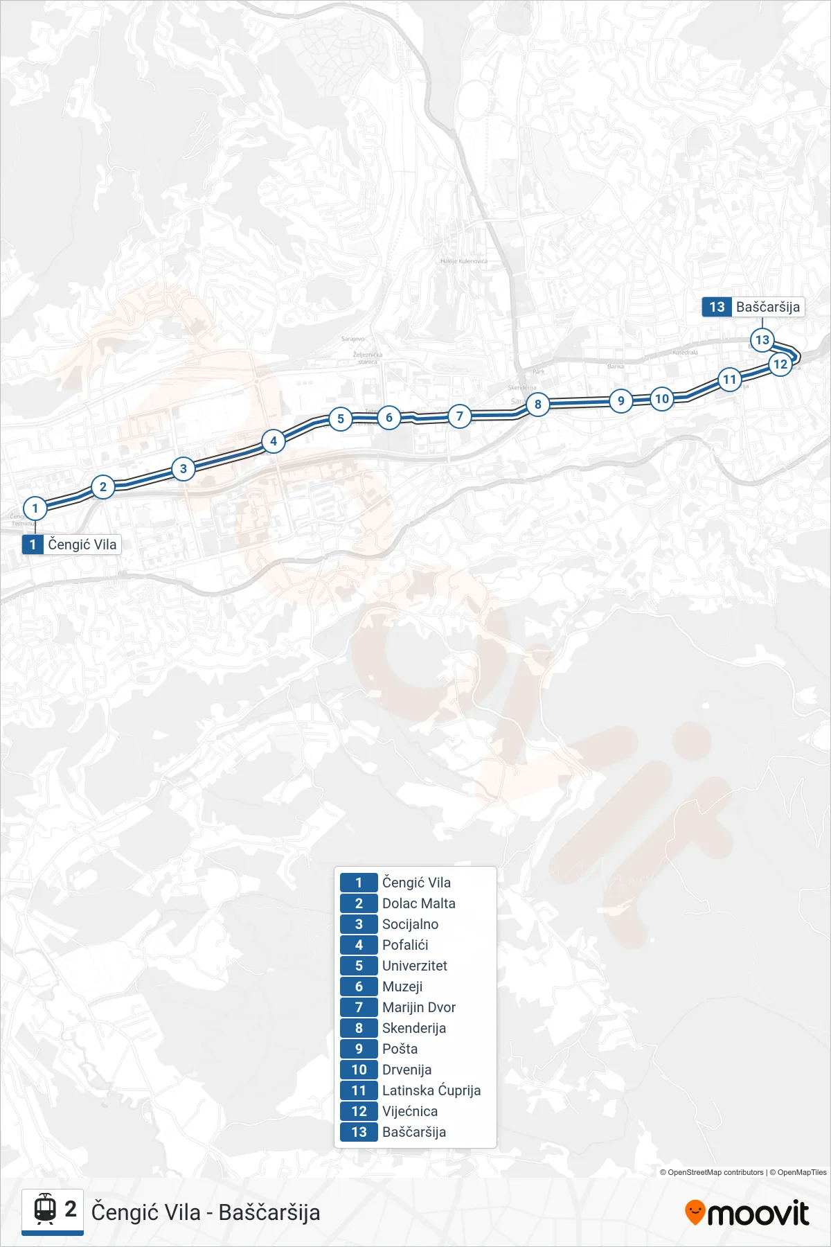2 tram Line (Čengić Vila - Baščaršija) route and stops on a map