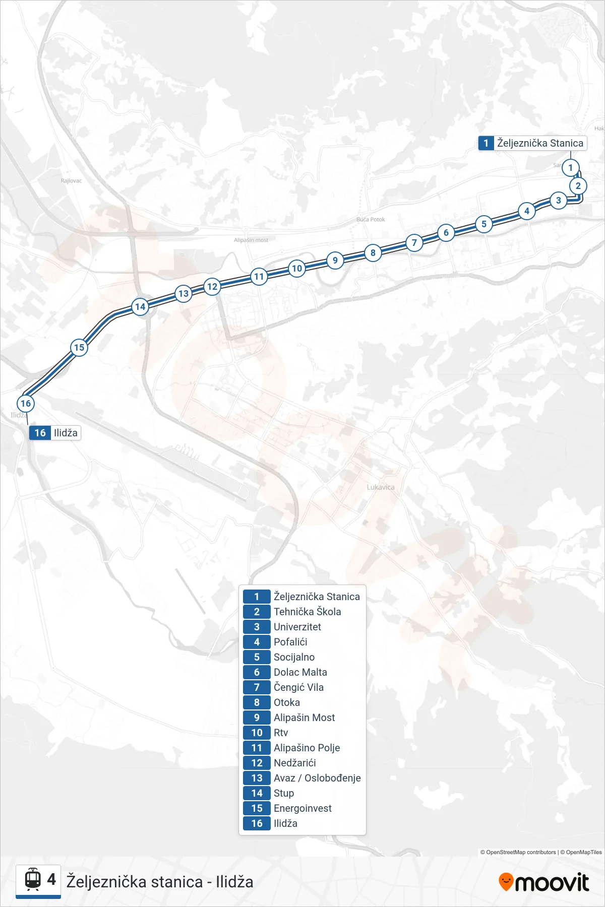 4 light rail Line (Željeznička Stanica - Ilidža) route and stops on a map