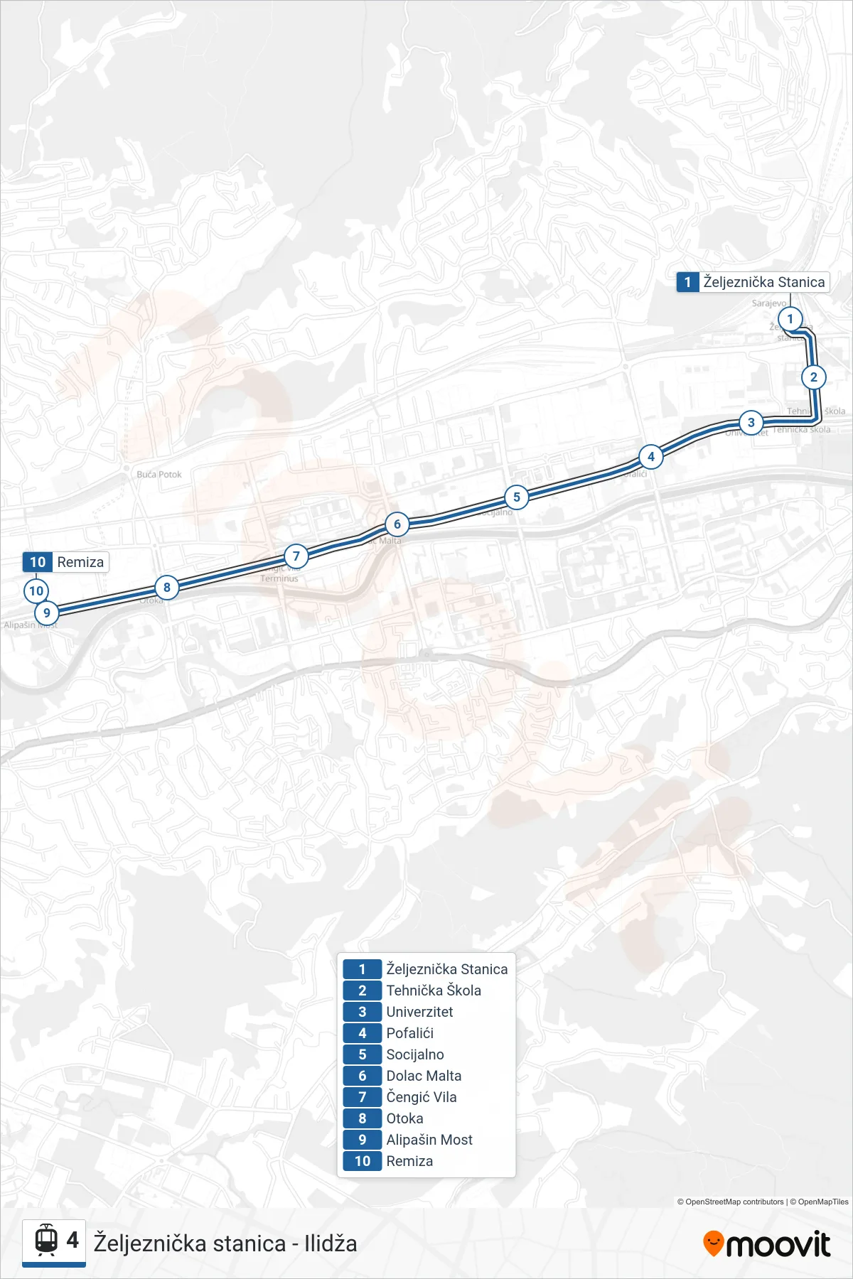Linija 4 tramvaj, (Željeznička Stanica - Remiza) – trasa i stajališta na mapi