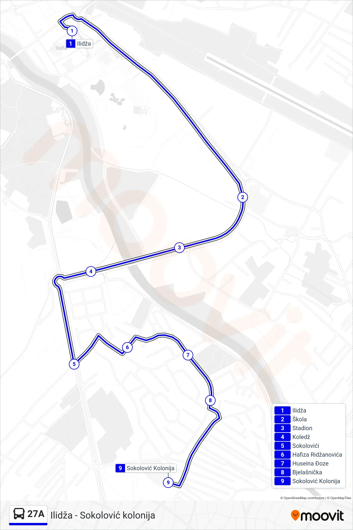 27A bus Line (Ilidža - Sokolović Kolonija) route and stops on a map