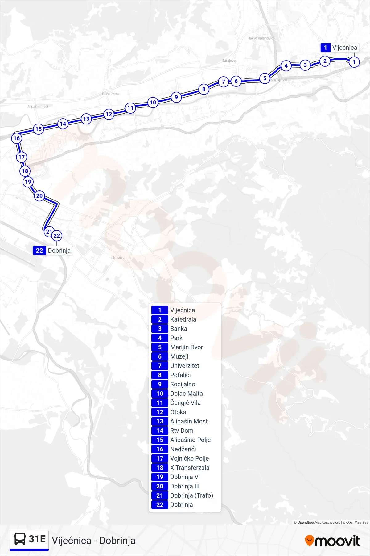 Linija 31E autobus, (Vijećnica - Dobrinja) – trasa i stajališta na mapi