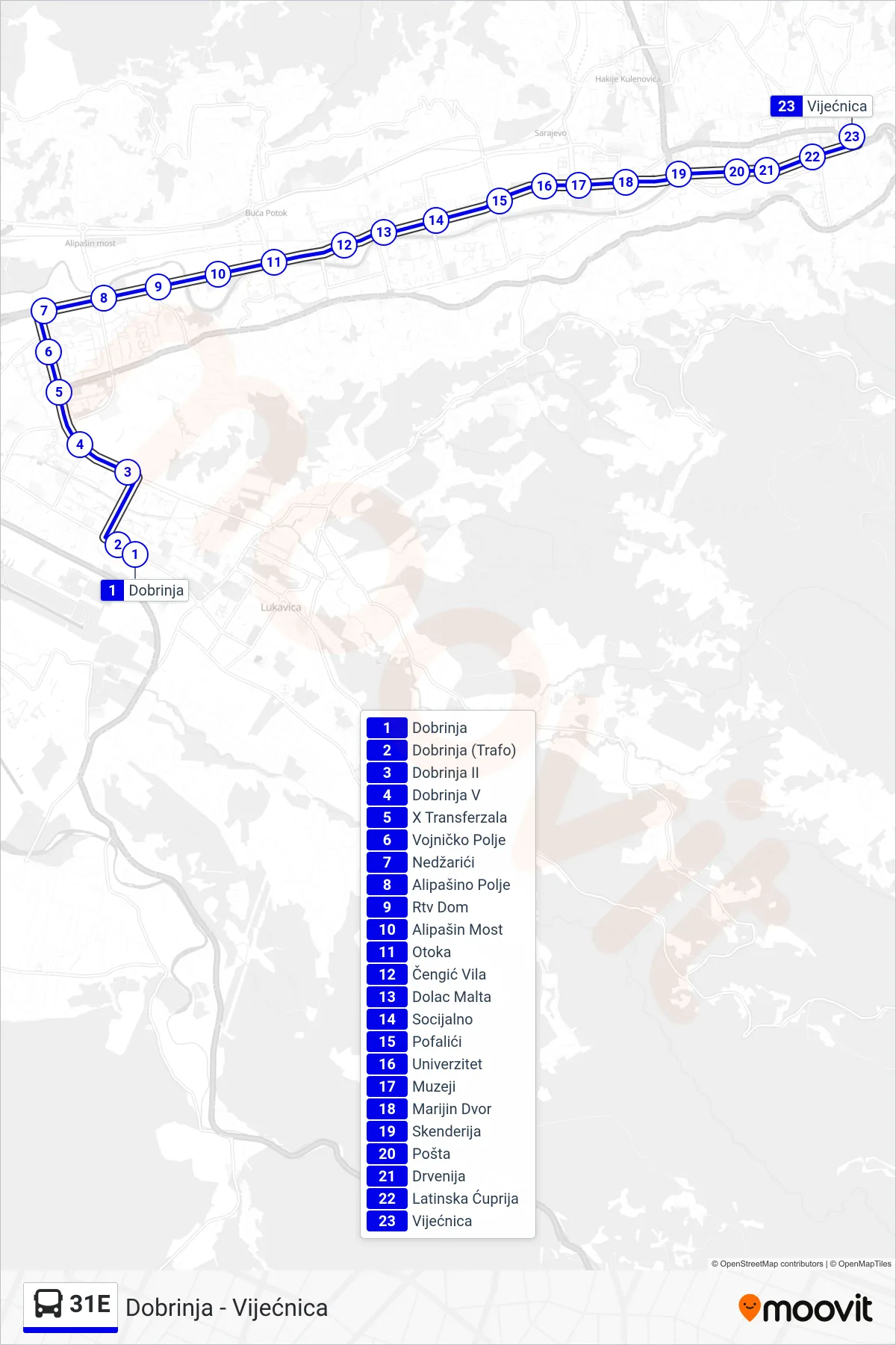 31E bus Line (Dobrinja - Vijećnica) route and stops on a map