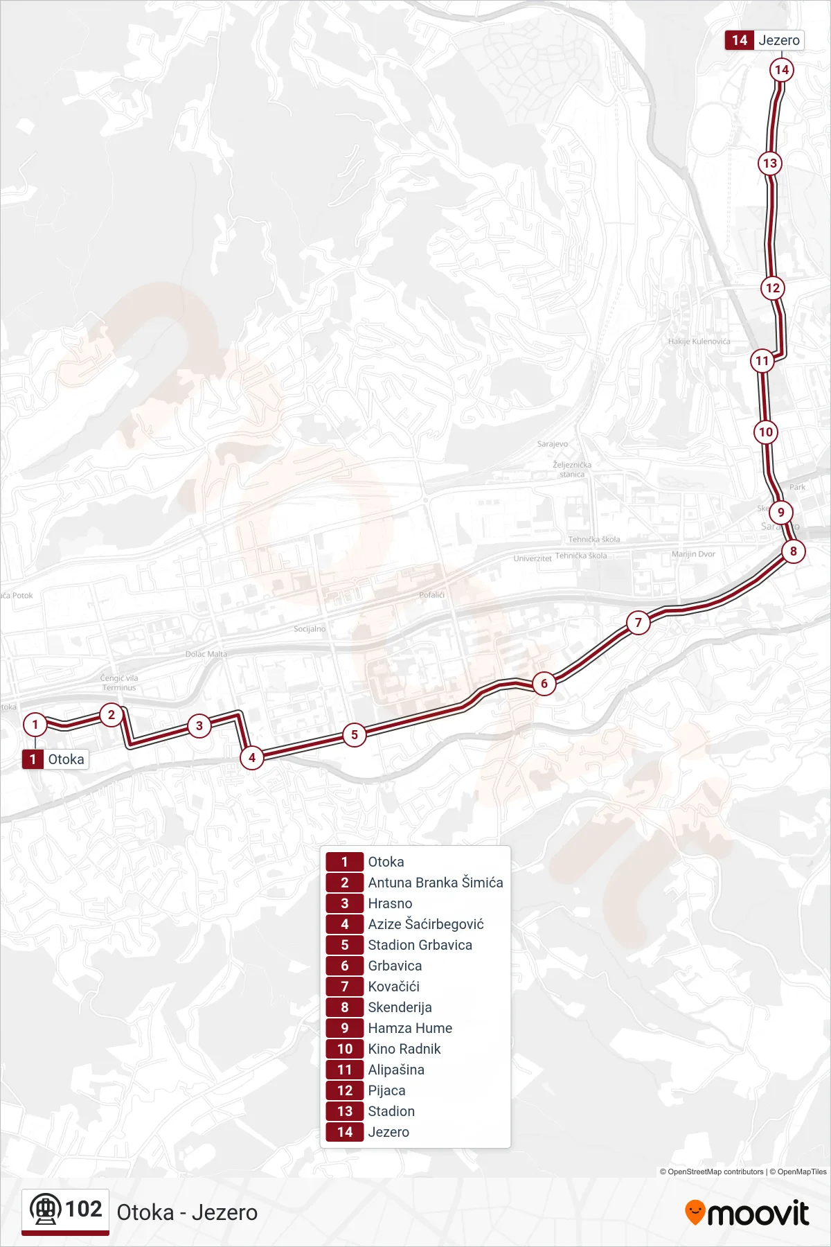 102 subway Line (Otoka - Jezero) route and stops on a map