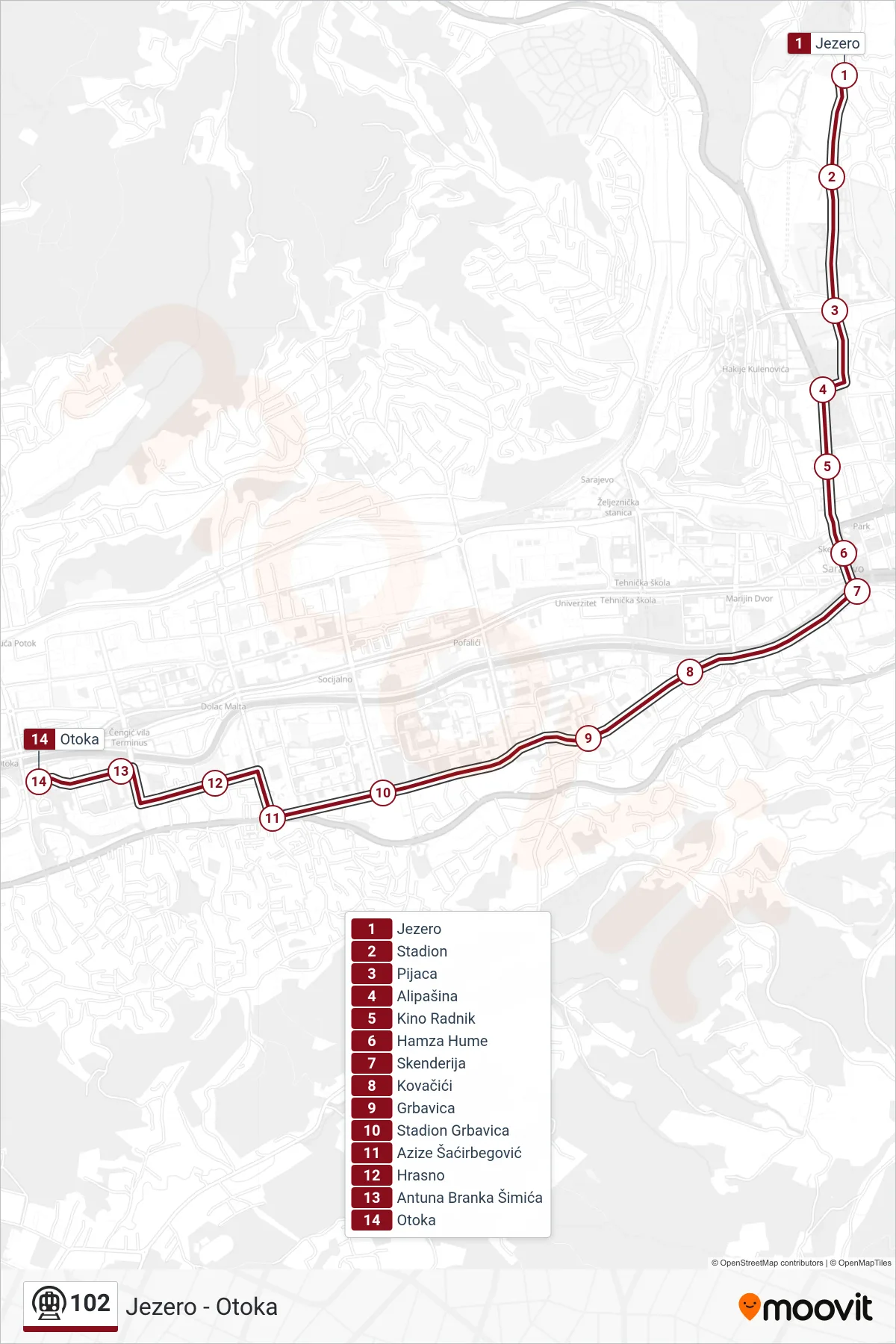 Linija 102 podzemna željeznica, (Jezero - Otoka) – ruta i stanice na karti