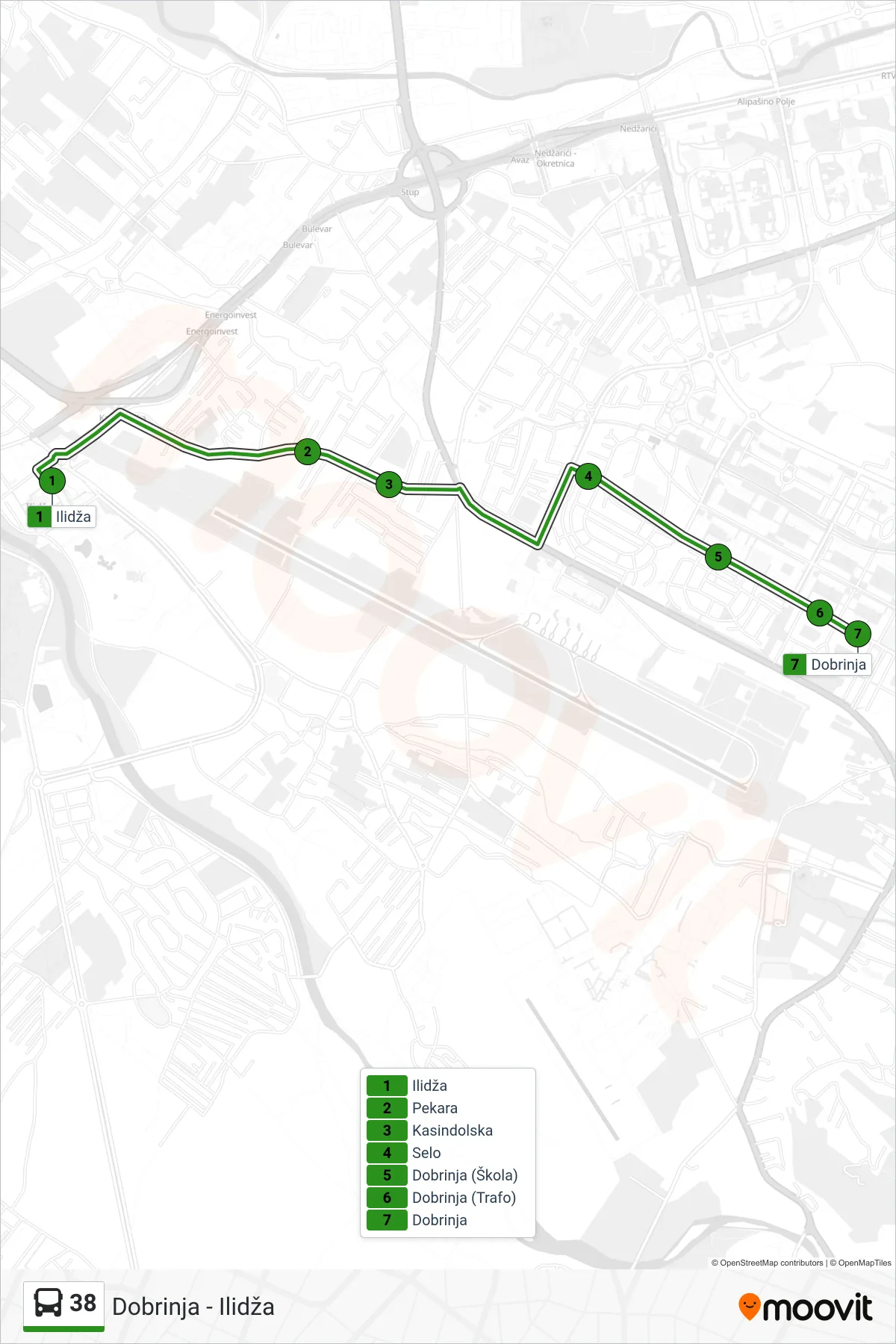Linija 38 autobus, (Ilidža-Dobrinja) – trasa i stajališta na mapi