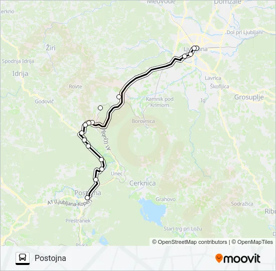 LJUBLJANA - VRHNIKA - LOGATEC - GRČAREVEC - POSTOJNA  Line Map