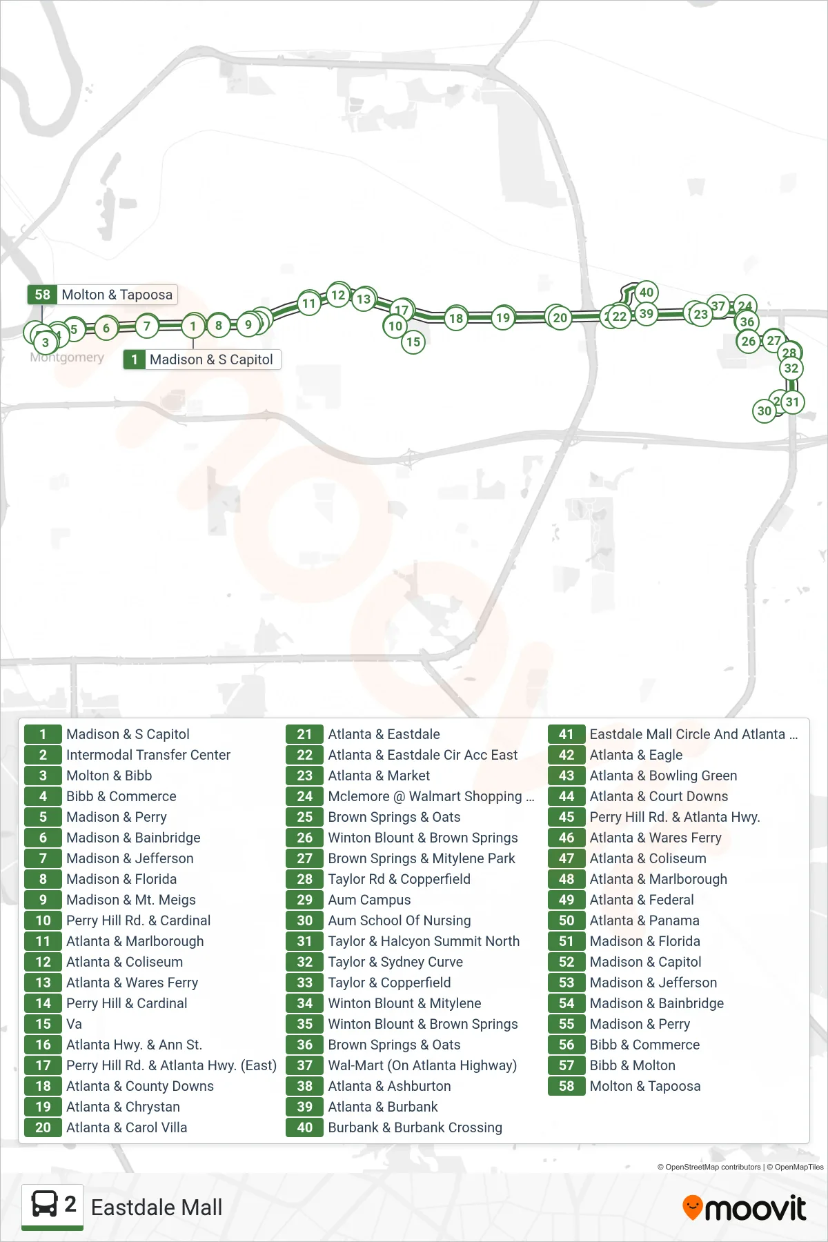 2 bus Line (Intermodal Transfer Center‎→Intermodal Transfer Center) route and stops on a map