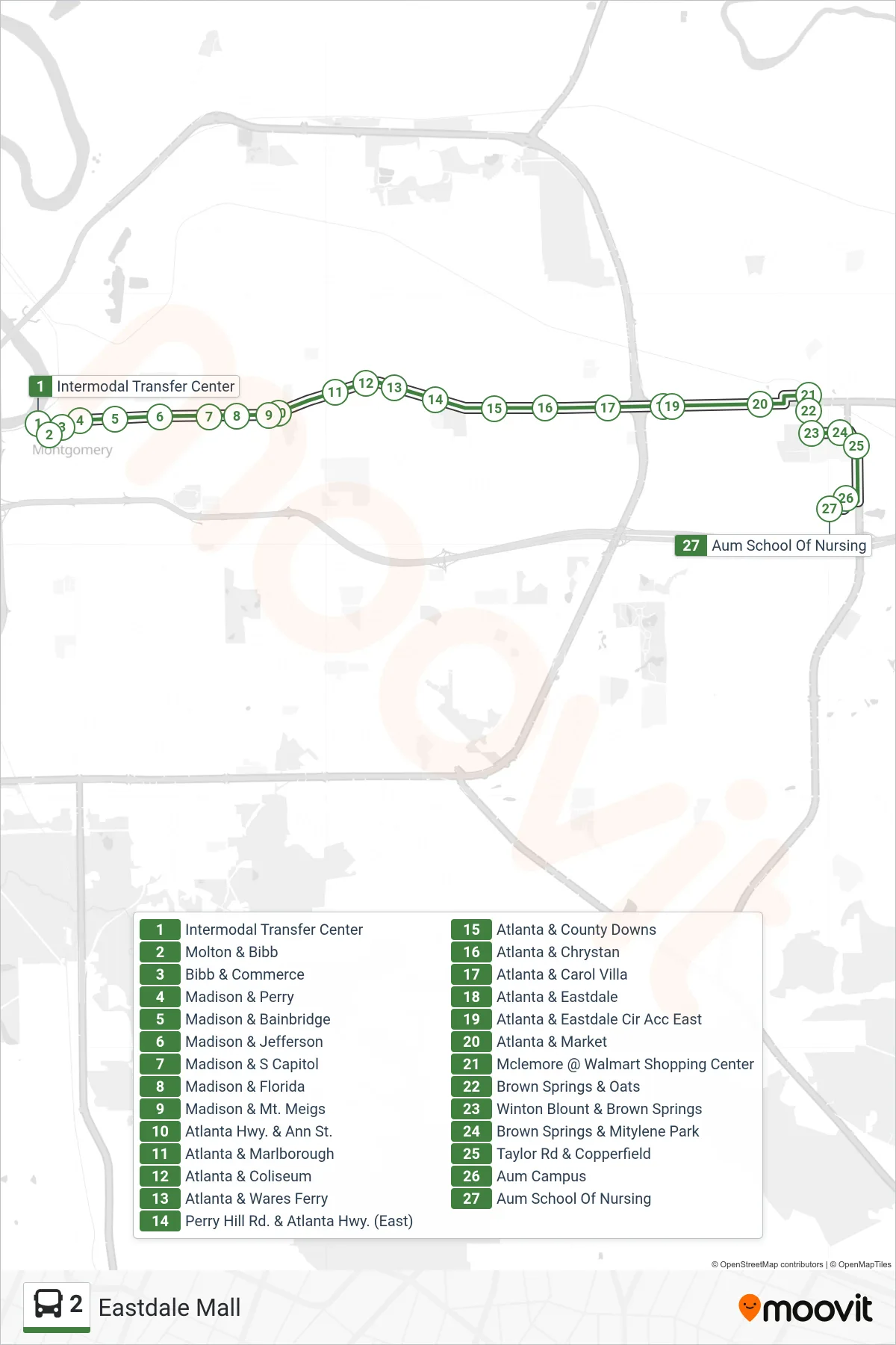 2 bus Line (Intermodal Transfer Center→Aum School Of Nursing) route and stops on a map