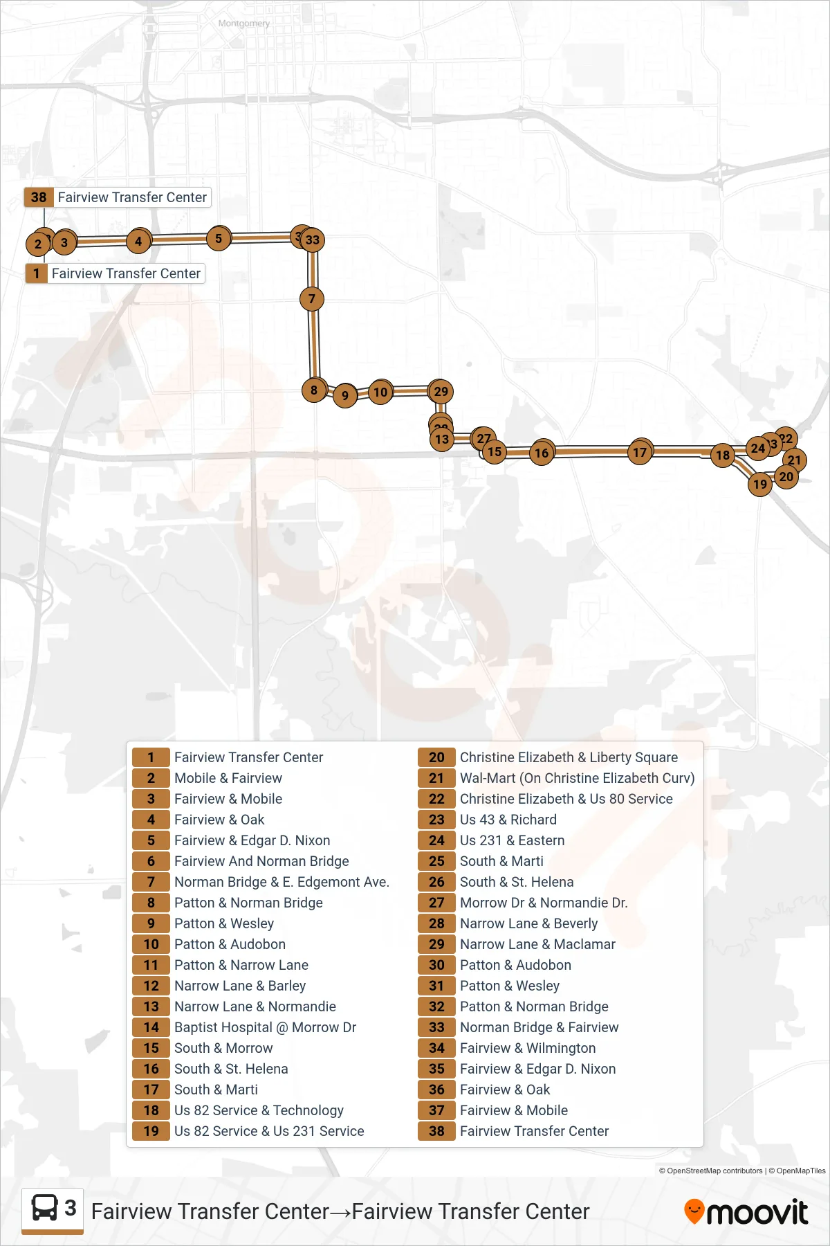 3 bus Line (Fairview Transfer Center‎→Fairview Transfer Center) route and stops on a map