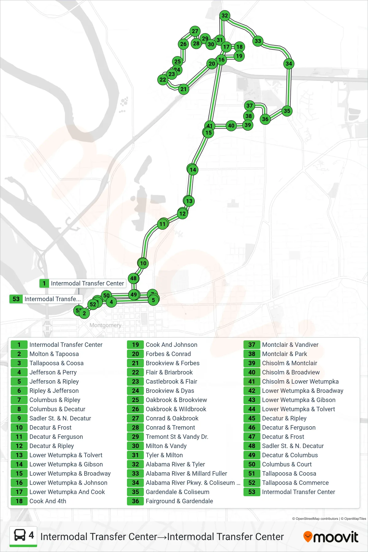 4 bus Line (Intermodal Transfer Center→Intermodal Transfer Center) route and stops on a map