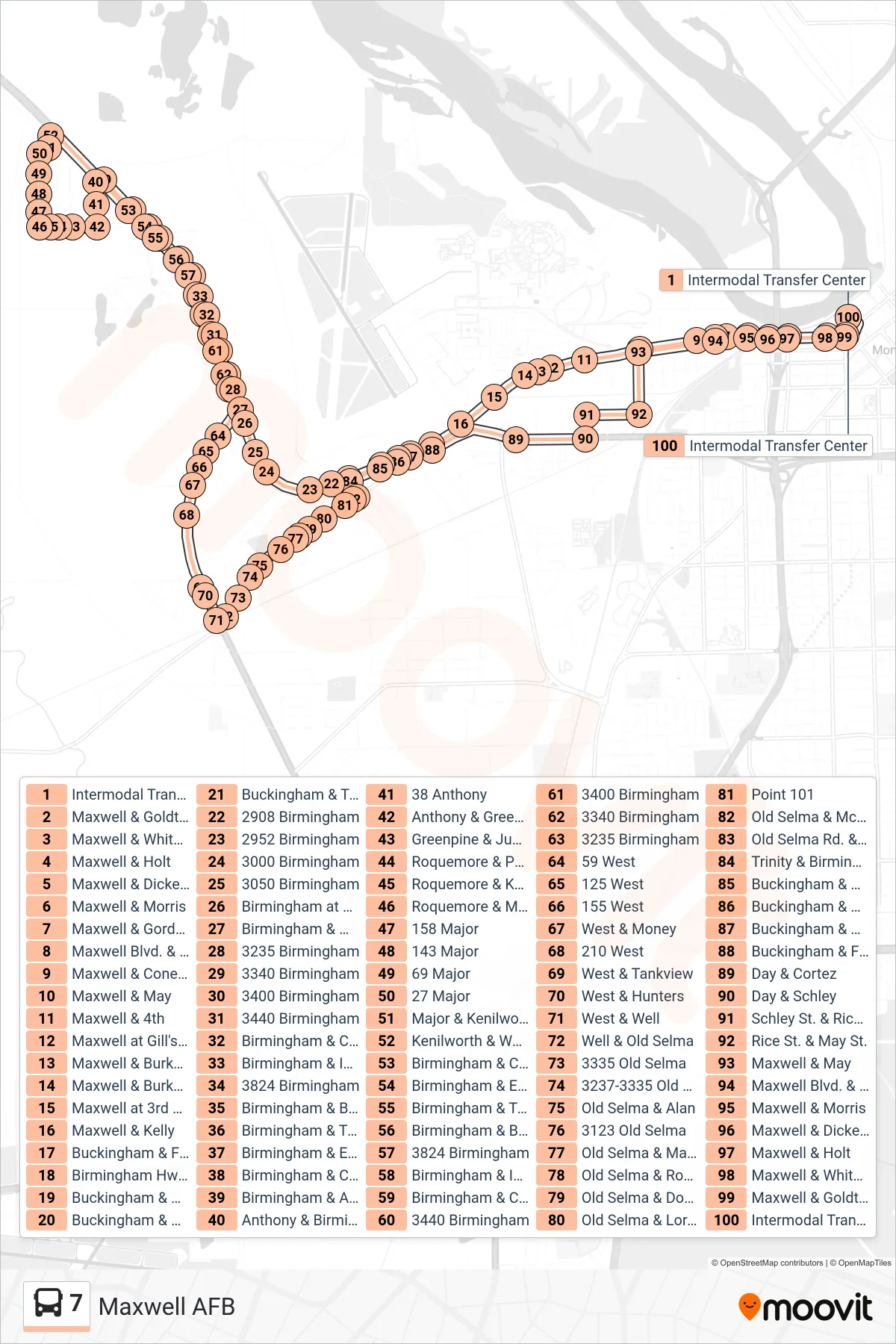 7 bus Line (Intermodal Transfer Center‎→Intermodal Transfer Center) route and stops on a map