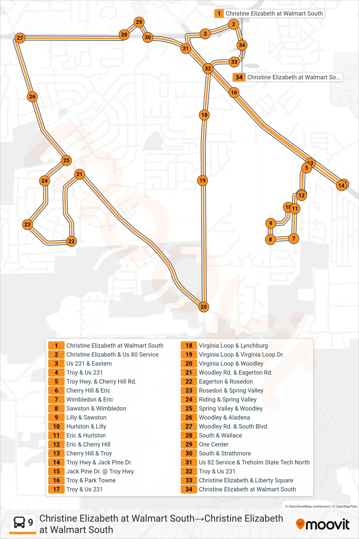 9 bus Line (Christine Elizabeth at Walmart South→Christine Elizabeth at Walmart South) route and stops on a map