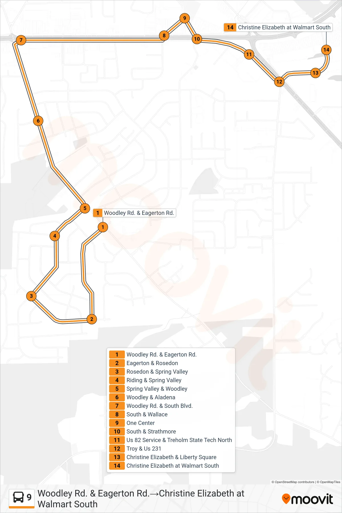 9 bus Line (Woodley Rd. & Eagerton Rd.→Christine Elizabeth at Walmart South) route and stops on a map