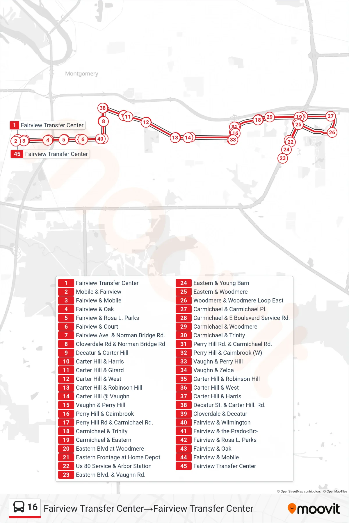16 bus Line (Fairview Transfer Center‎→Fairview Transfer Center) route and stops on a map
