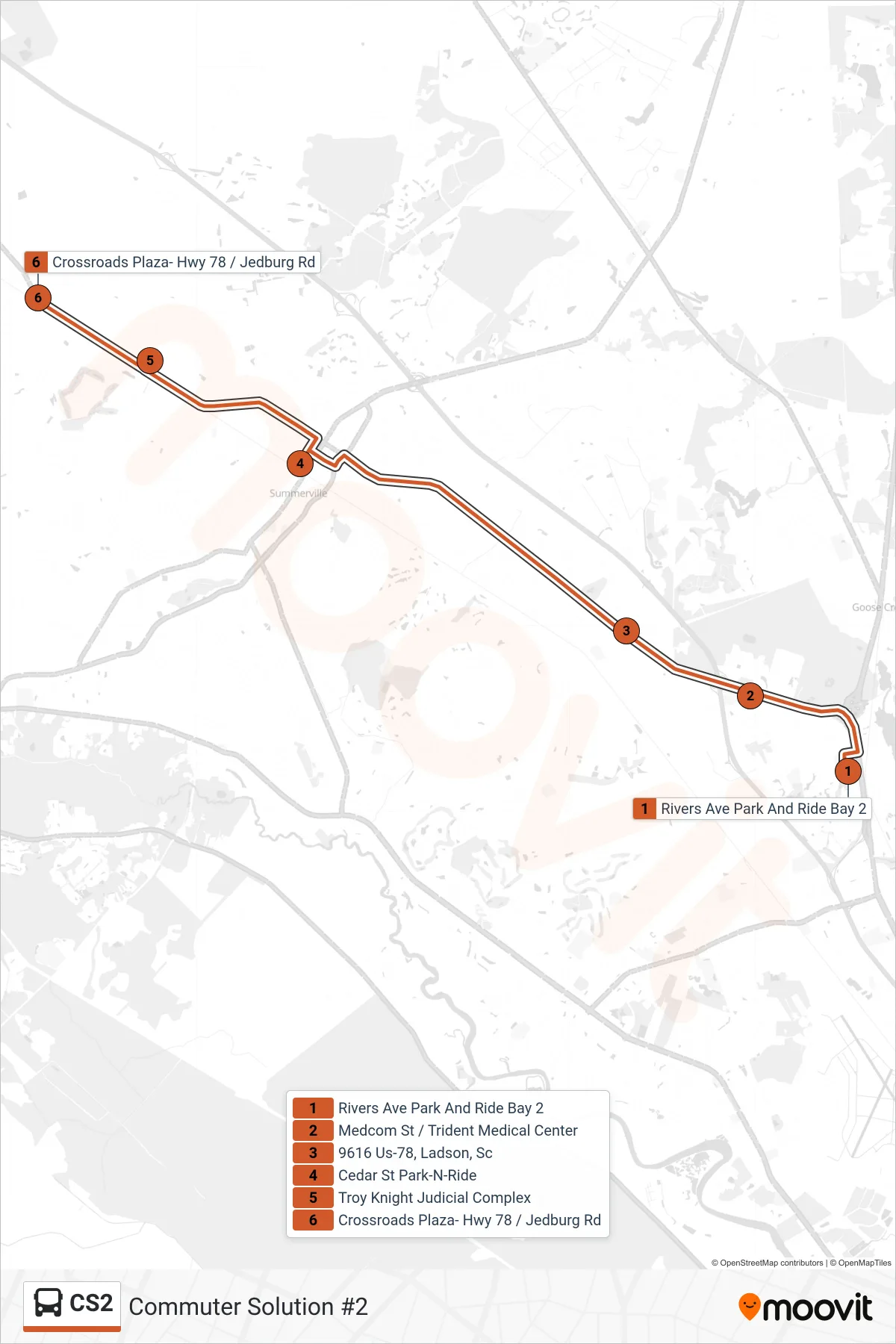 CS2 bus Line (Commuter Solution #2) route and stops on a map
