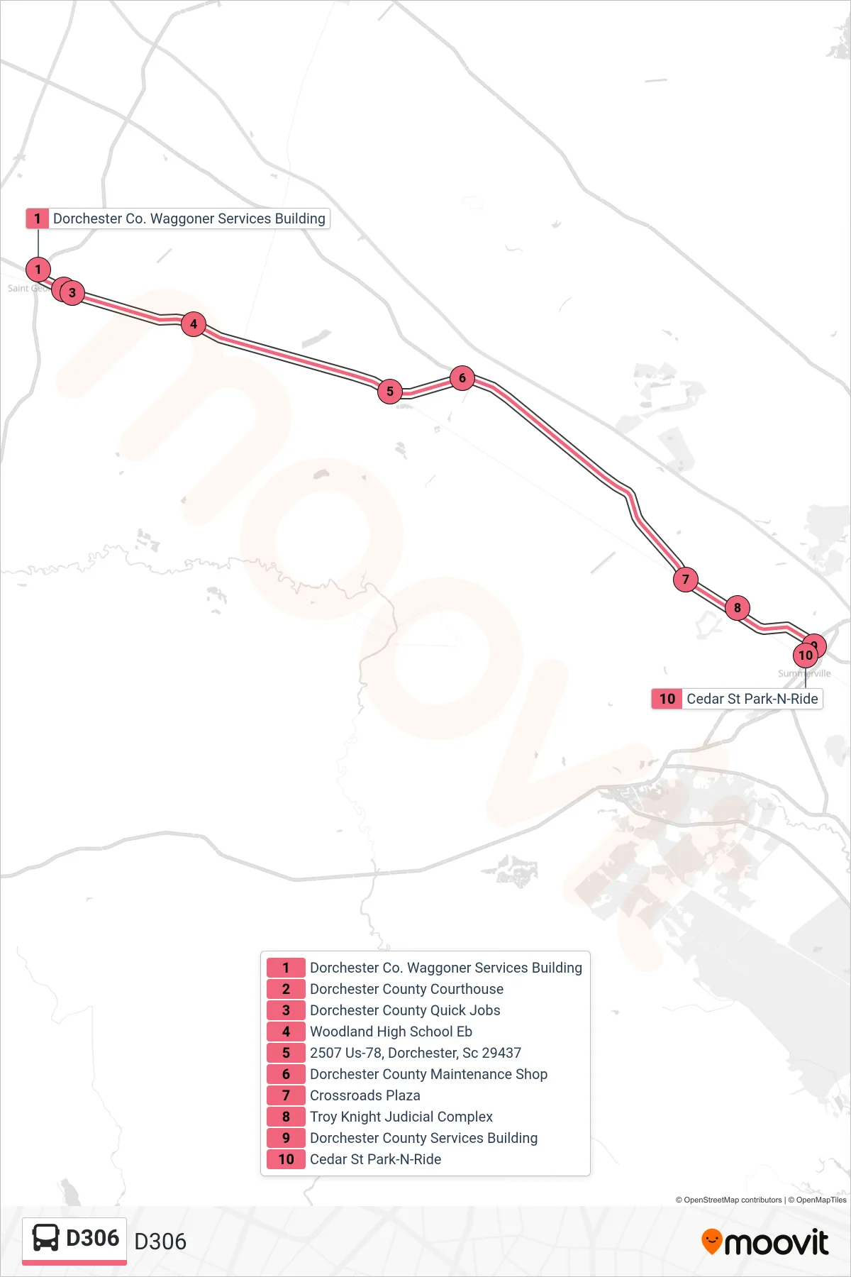 D306 bus Line (D306) route and stops on a map