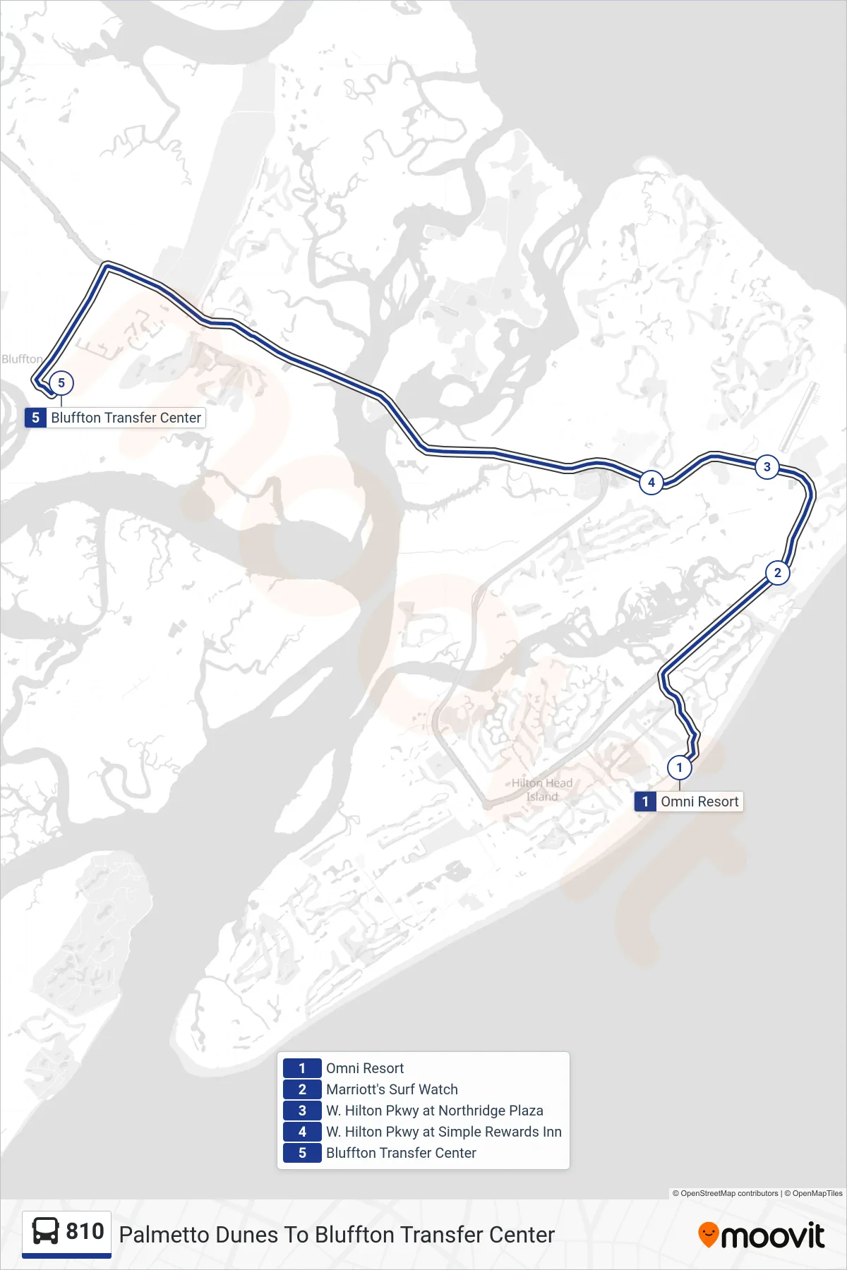 810 bus Line (Palmetto Dunes To Bluffton Transfer Center) route and stops on a map