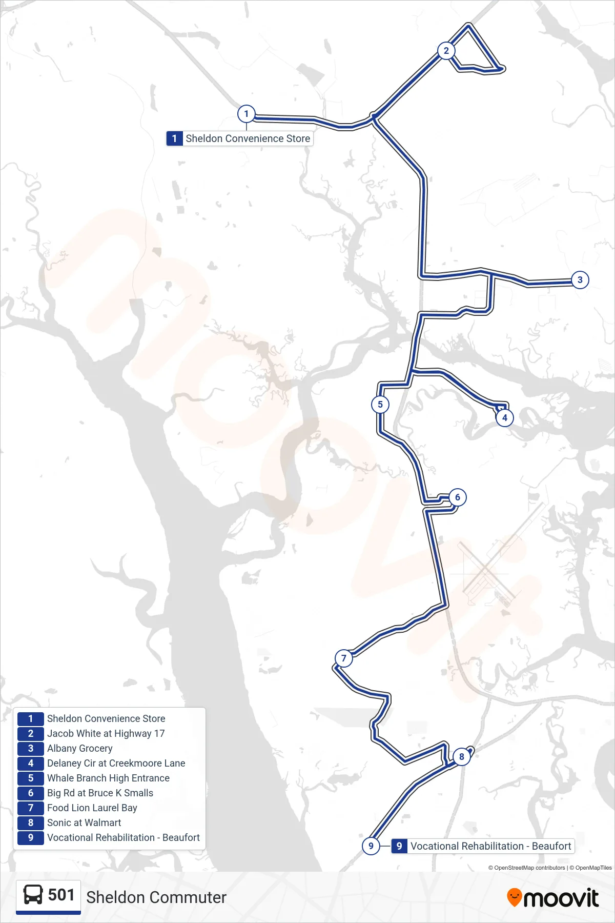 501 bus Line (Sheldon To Voc Rehab) route and stops on a map