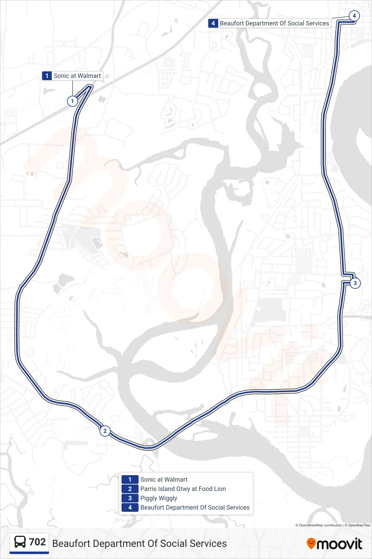 702 bus Line (Beaufort Department Of Social Services) route and stops on a map