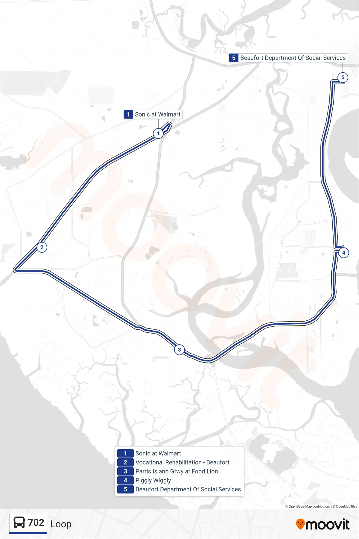 702 bus Line (Loop) route and stops on a map