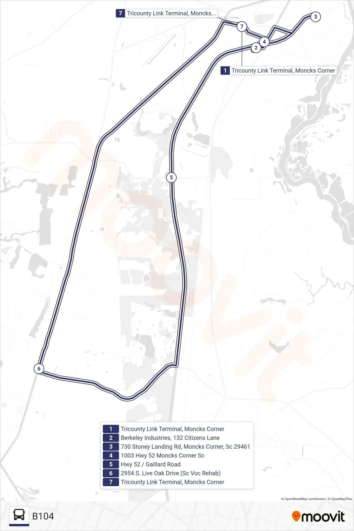 B104 FLEX tram Line (B104) route and stops on a map